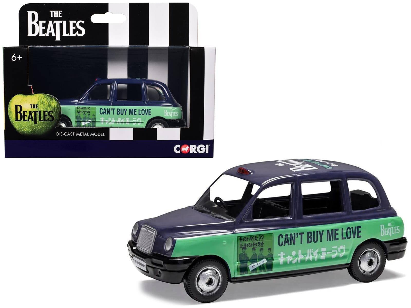 The Beatles London Taxi RHD (Right Hand Drive) "Can't Buy Me Love" Blue and Green with Graphics Diecast Model by Corgi