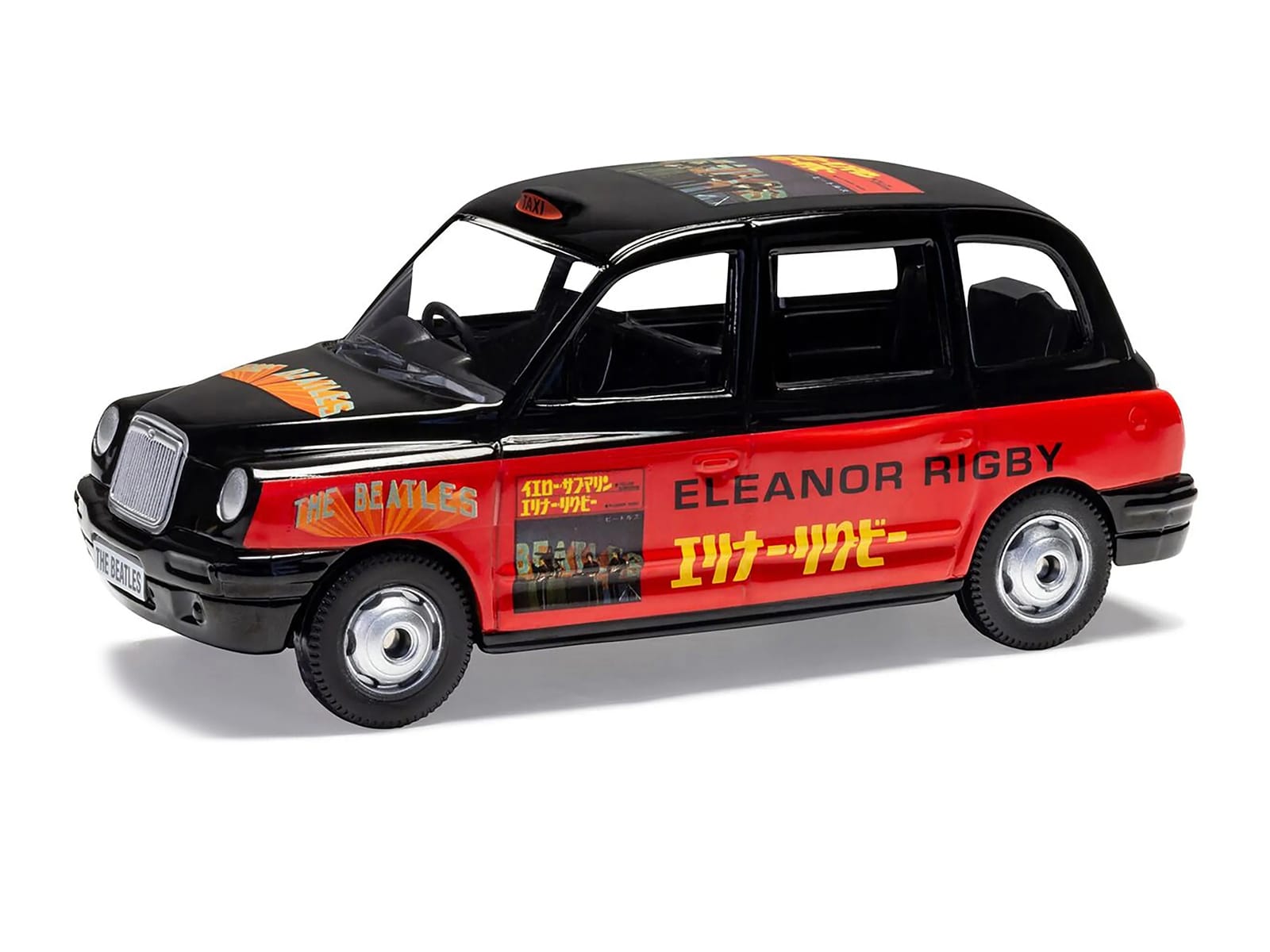 The Beatles London Taxi RHD (Right Hand Drive) "Eleanor Rigby - Yellow Submarine" Black and Red with Graphics Diecast Model by Corgi - Image 2