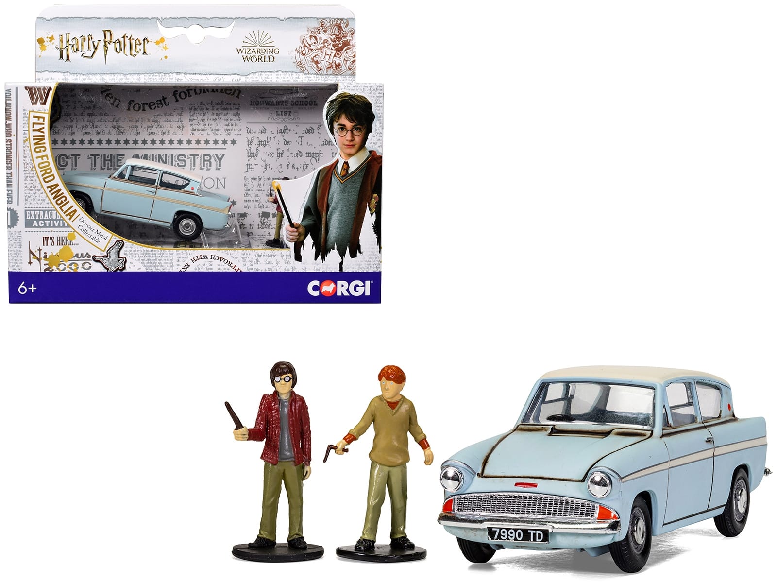 Flying Ford Anglia RHD (Right Hand Drive) Light Blue with White Top (Weathered) with Harry and Ron Figures "Harry Potter" Movie Series Diecast Model by Corgi
