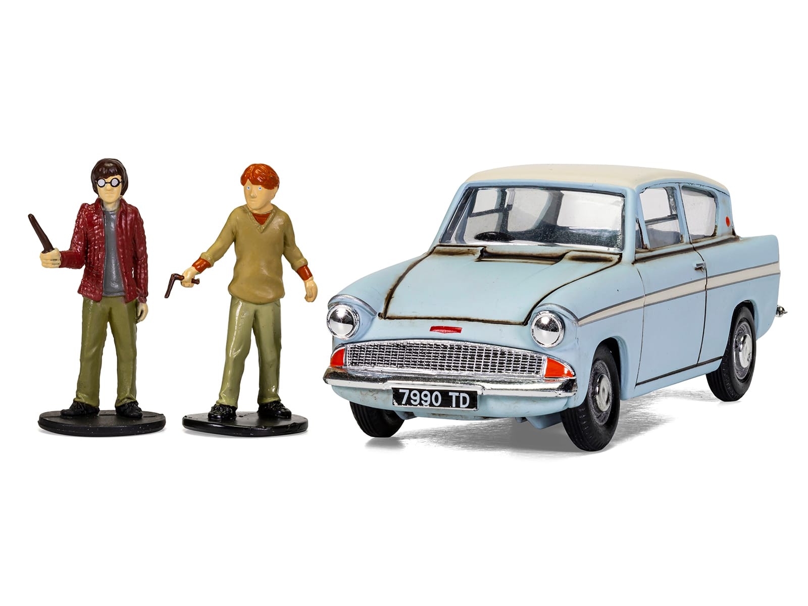 Flying Ford Anglia RHD (Right Hand Drive) Light Blue with White Top (Weathered) with Harry and Ron Figures "Harry Potter" Movie Series Diecast Model by Corgi - Image 2