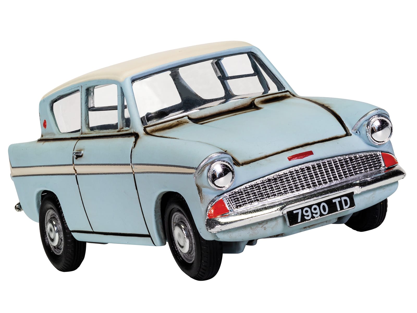 Flying Ford Anglia RHD (Right Hand Drive) Light Blue with White Top (Weathered) with Harry and Ron Figures "Harry Potter" Movie Series Diecast Model by Corgi - Image 3