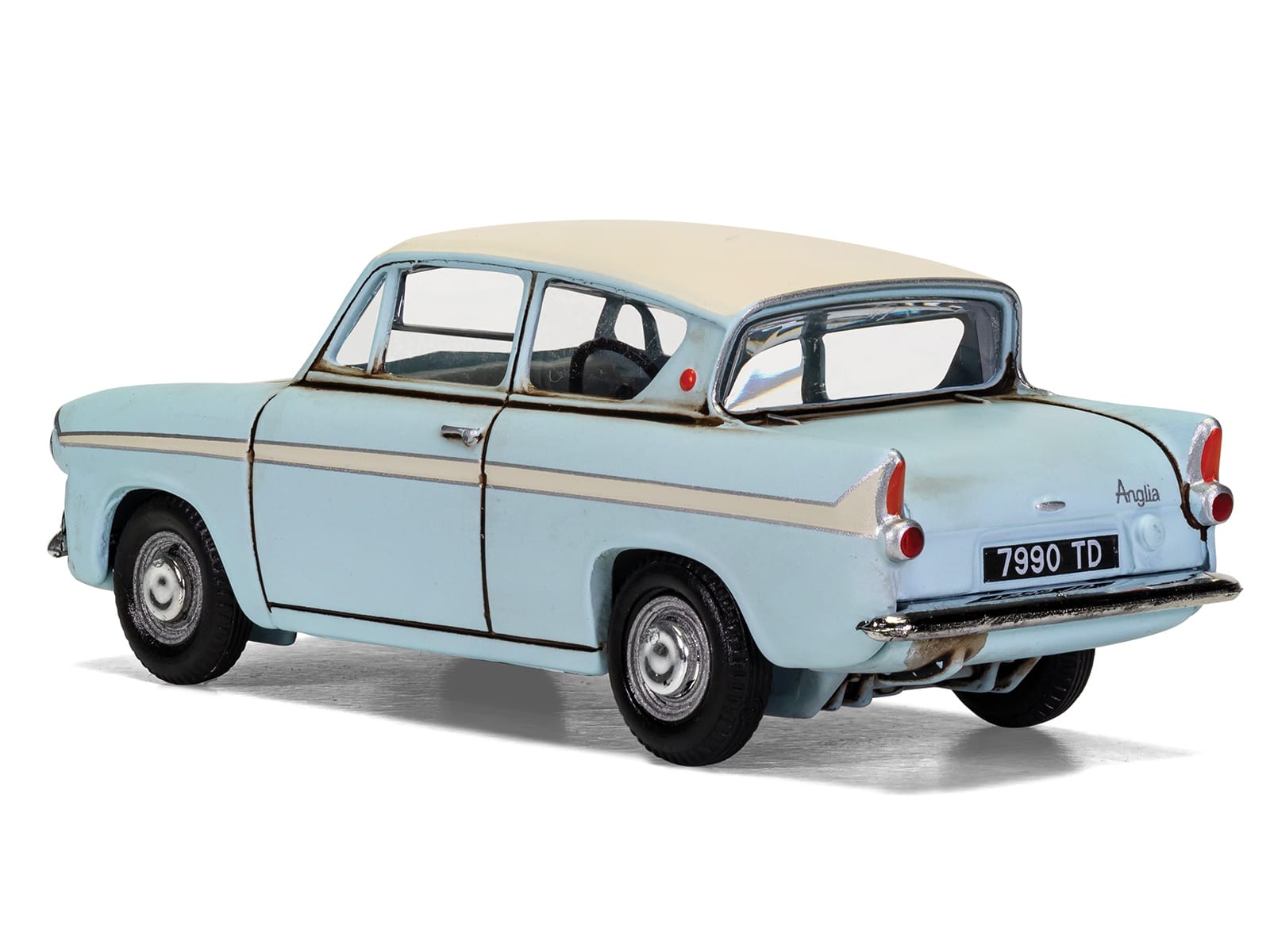 Flying Ford Anglia RHD (Right Hand Drive) Light Blue with White Top (Weathered) with Harry and Ron Figures "Harry Potter" Movie Series Diecast Model by Corgi - Image 4