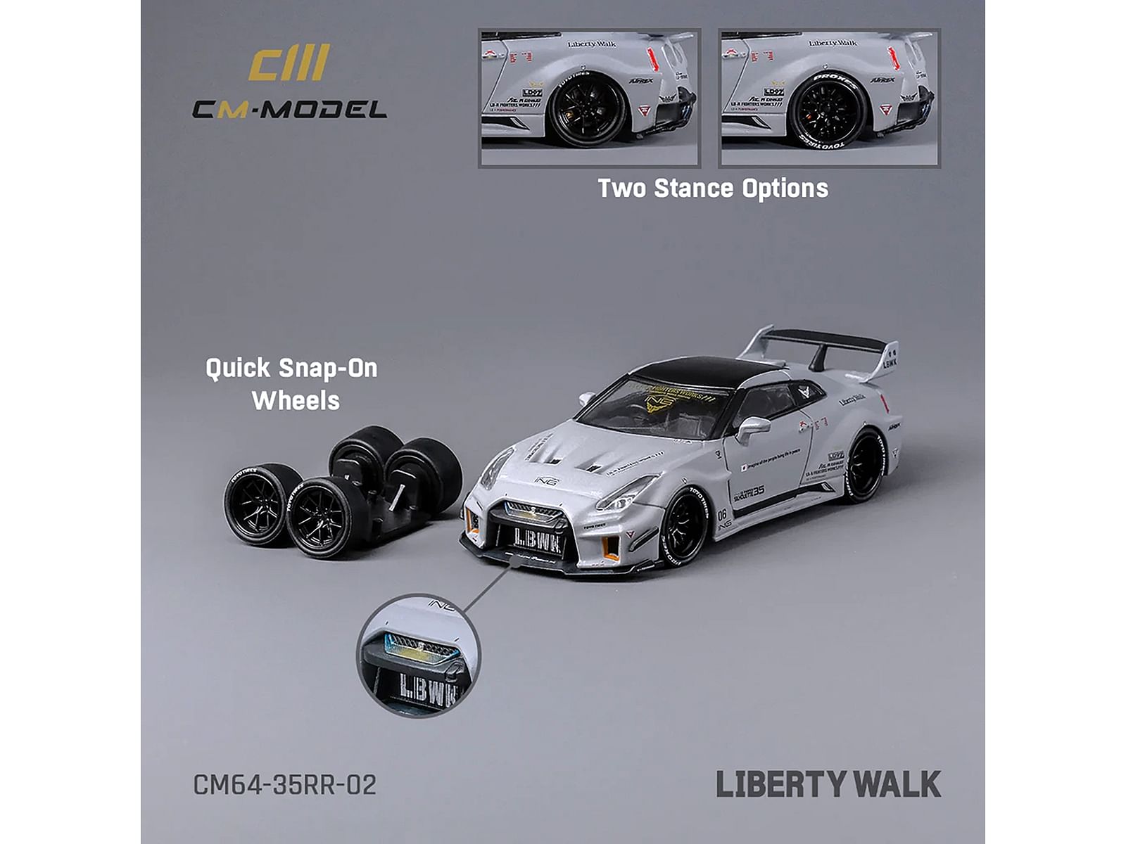 Nissan 35GT-RR LB-Silhouette Works GT RHD (Right Hand Drive) “Liberty Walk” Matt Gray with Black Top and Extra Wheels 1/64 Diecast Model Car by CM Models