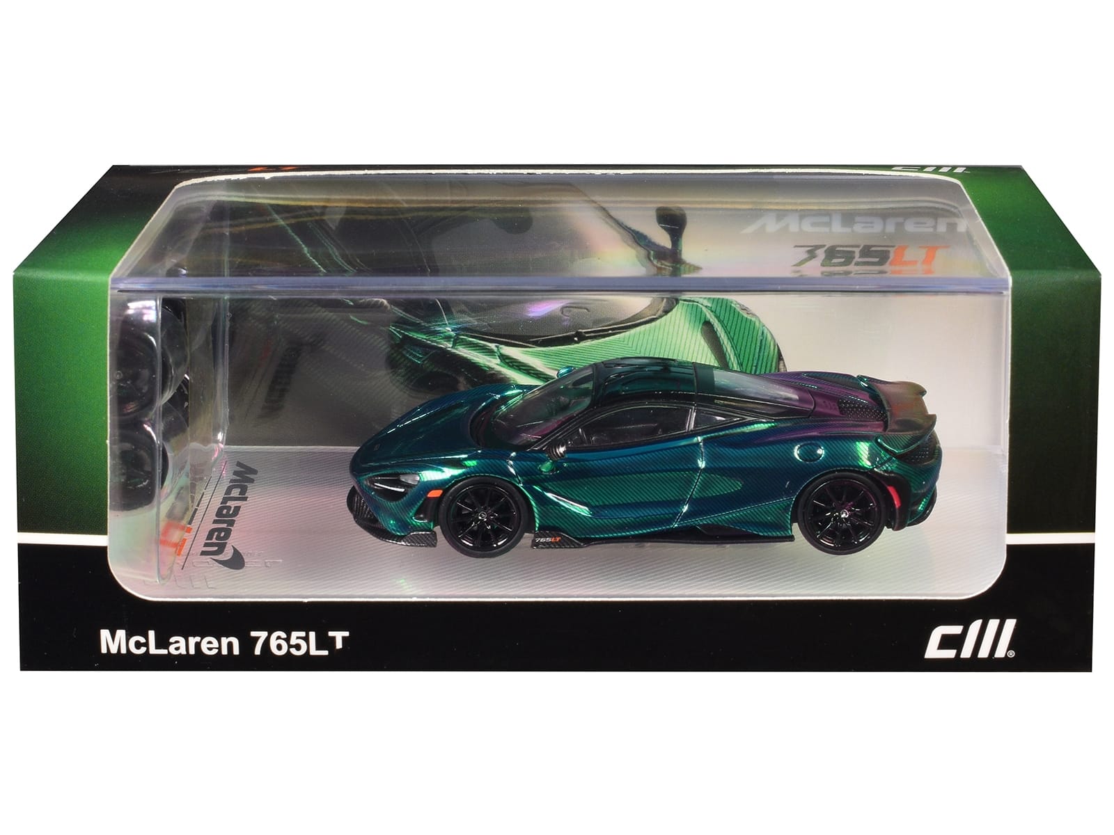 McLaren 765LT Green Carbon Metallic with Black Top and Extra Wheels 1/64 Diecast Model Car by CM Model