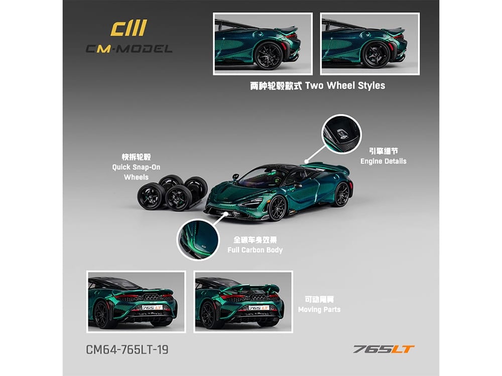 McLaren 765LT Green Carbon Metallic with Black Top and Extra Wheels 1/64 Diecast Model Car by CM Model - Image 2