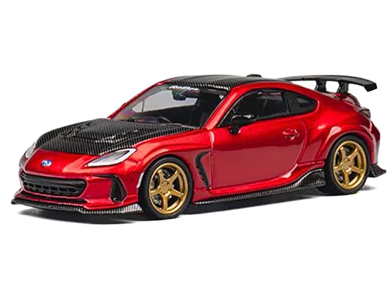 Subaru BRZ Varis Arising-1 RHD (Right Hand Drive) Red Metallic with Carbon Hood and Top and Extra Wheels 1/64 Diecast Model Car by CM Model - Image 2