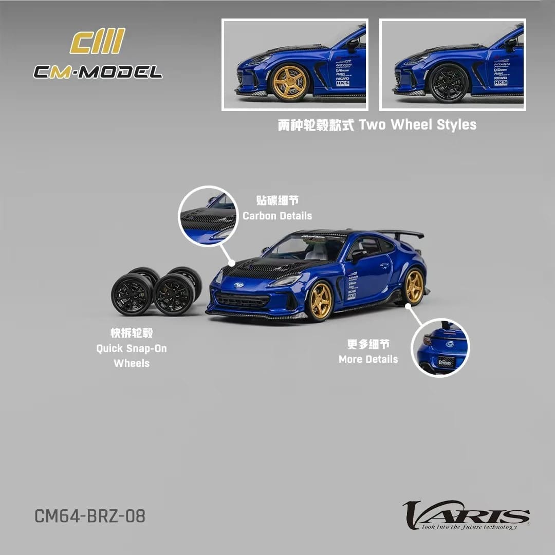 Subaru BRZ Varis Arising-1 RHD (Right Hand Drive) Blue Metallic with Carbon Hood and Top and Extra Wheels 1/64 Diecast Model Car by CM Models - Image 5