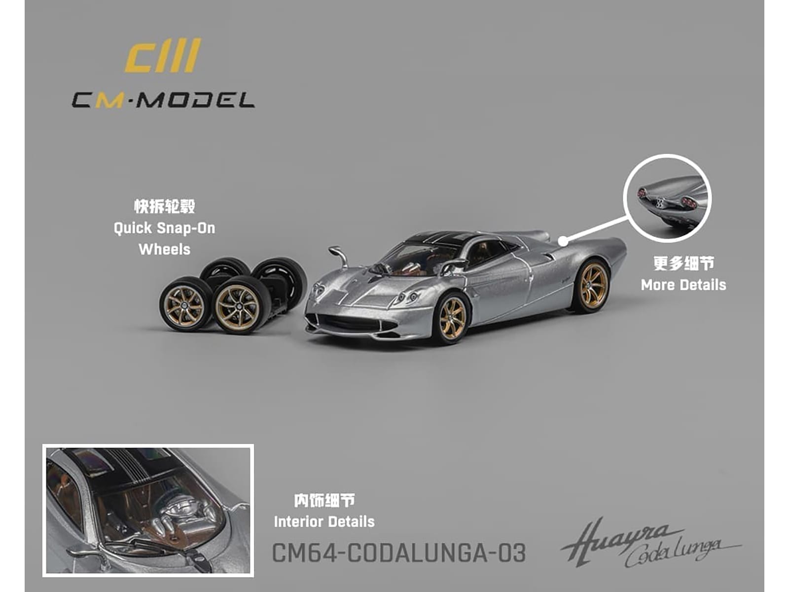 Pagani Huayra Codalunga Silver Metallic with Sunroof and Extra Wheels 1/64 Diecast Model Car by CM Model - Image 4