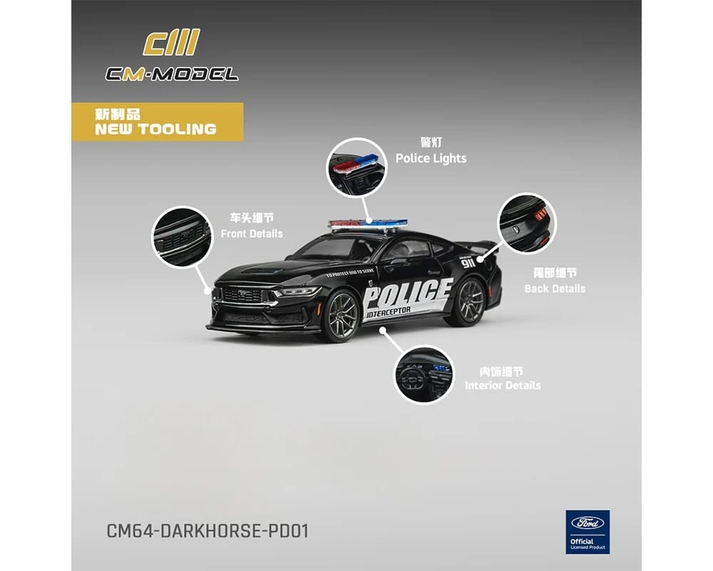 Ford Mustang Dark Horse "Police Interceptor" Black 1/64 Diecast Model Car by CM Models - Image 4