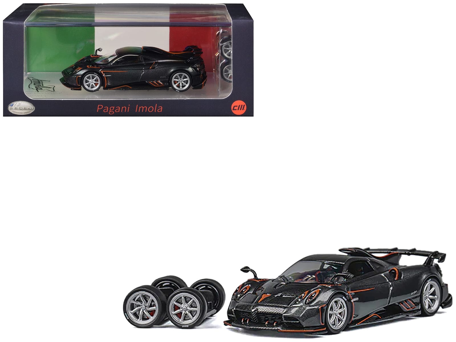 Pagani Imola Dark Gray Metallic with Carbon and Orange Accents with Extra Wheels 1/64 Diecast Model Car by CM Model - Image 4