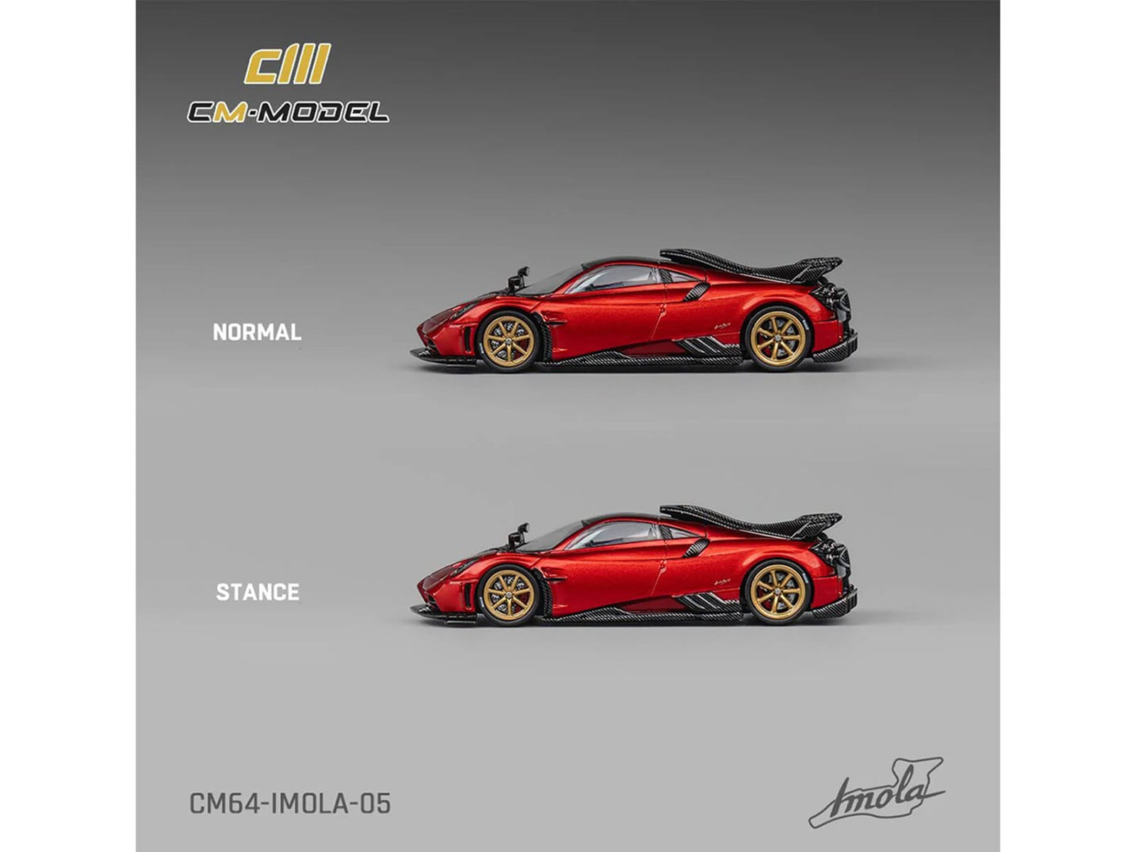 Pagani Imola Red Metallic with Carbon Top and Stripes with Extra Wheels 1/64 Diecast Model Car by CM Model - Image 4