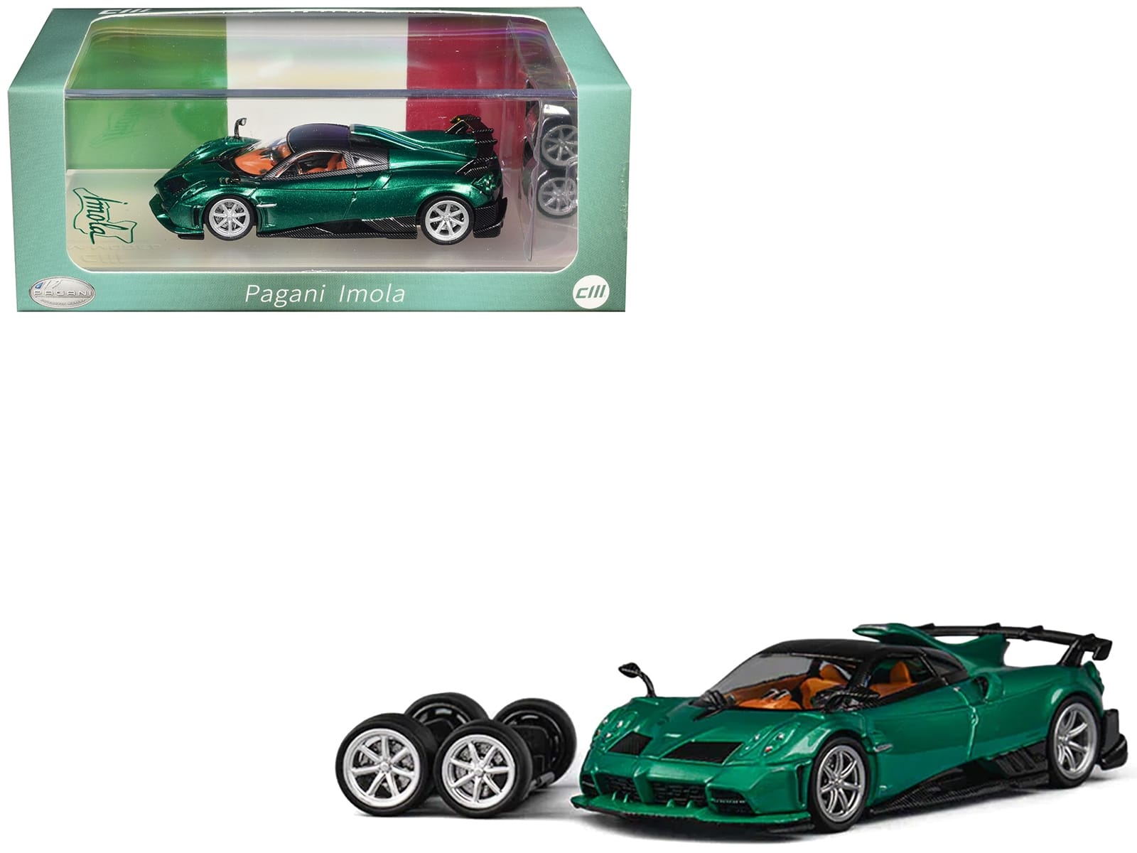 Pagani Imola Emerald Green Metallic with Carbon Top and Extra Wheels 1/64 Diecast Model Car by CM Model