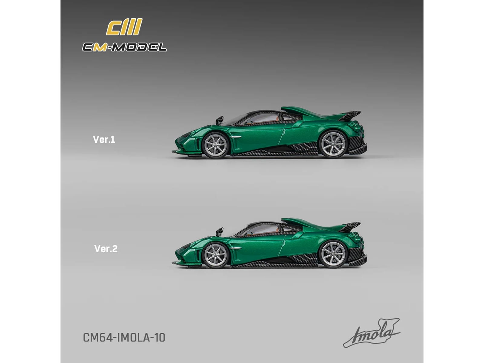 Pagani Imola Emerald Green Metallic with Carbon Top and Extra Wheels 1/64 Diecast Model Car by CM Model - Image 4