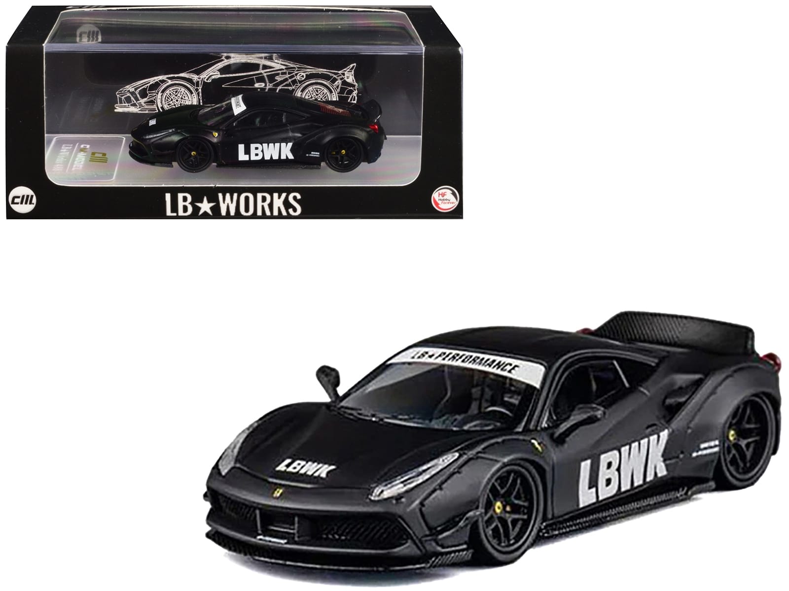 LB Works 488 "LBWK" Matt Black 1/64 Diecast Model Car by CM Model - Image 3