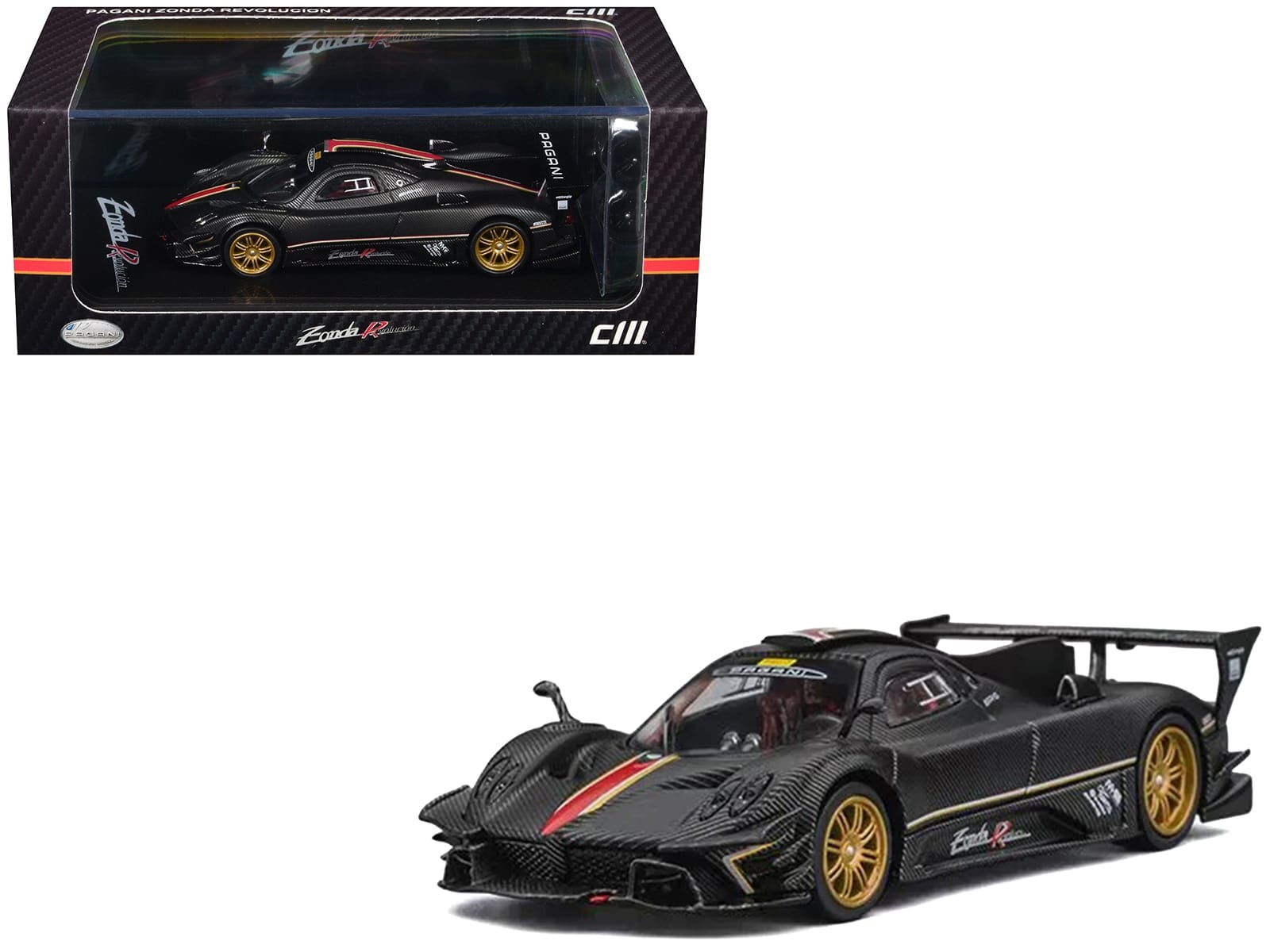 Pagani Zonda Revolucion Carbon with Red and Gold Stripes and Extra Wheels 1/64 Diecast Model Car by CM Models
