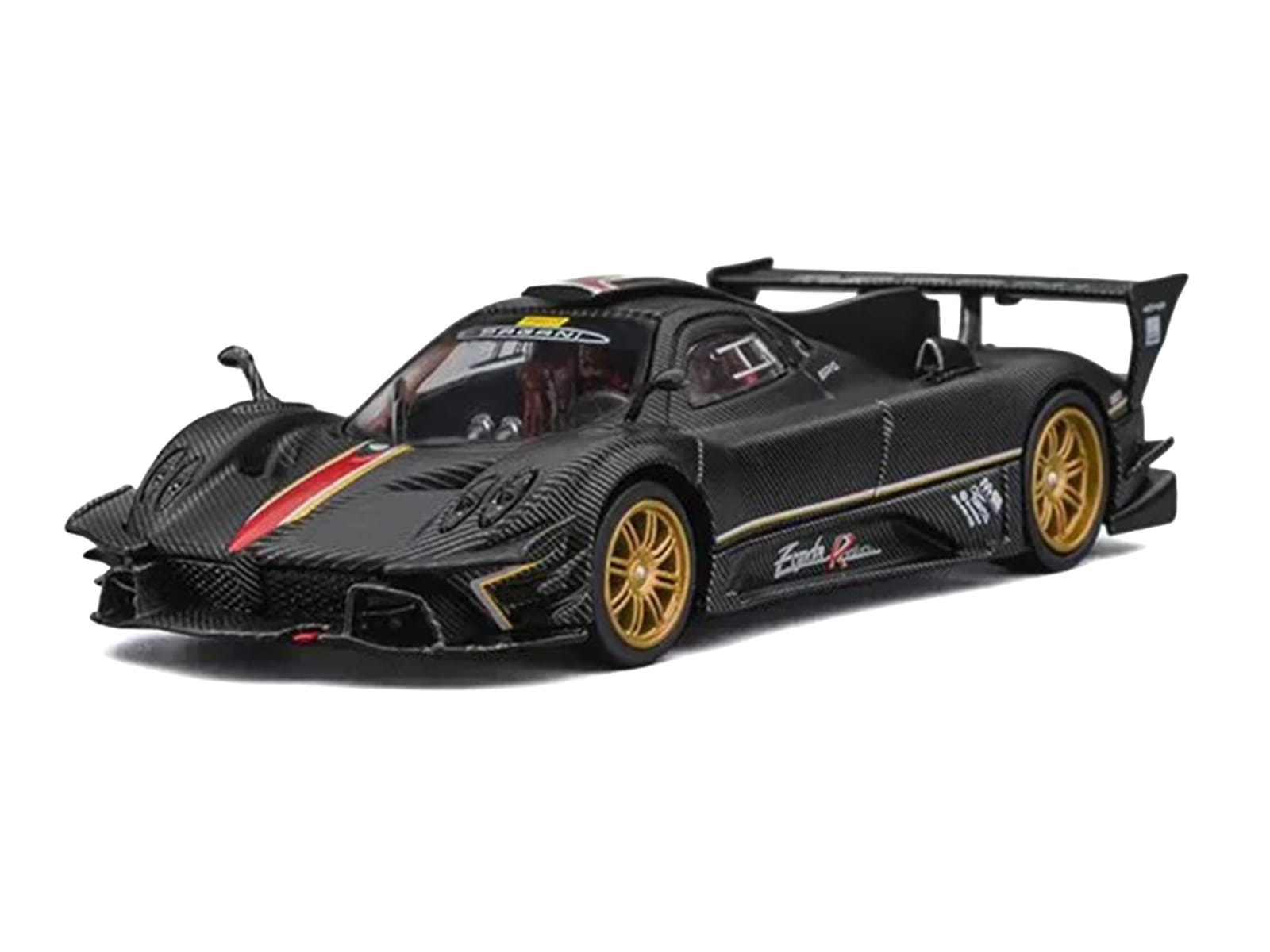 Pagani Zonda Revolucion Carbon with Red and Gold Stripes and Extra Wheels 1/64 Diecast Model Car by CM Models - Image 2