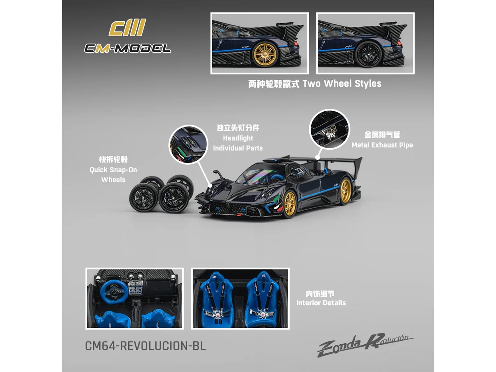 Pagani Zonda Revolucion Dark Blue Metallic and Carbon with Extra Wheels 1/64 Diecast Model Car by CM Model - Image 4