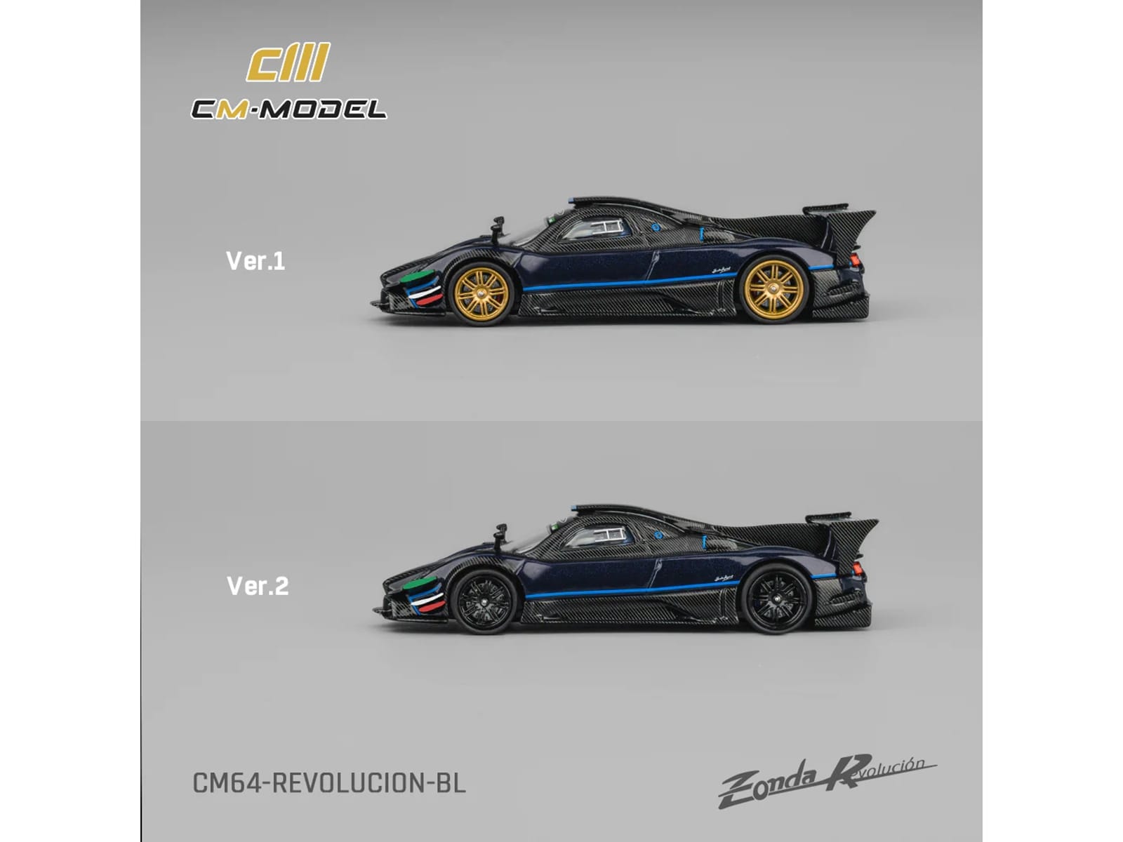 Pagani Zonda Revolucion Dark Blue Metallic and Carbon with Extra Wheels 1/64 Diecast Model Car by CM Model - Image 5
