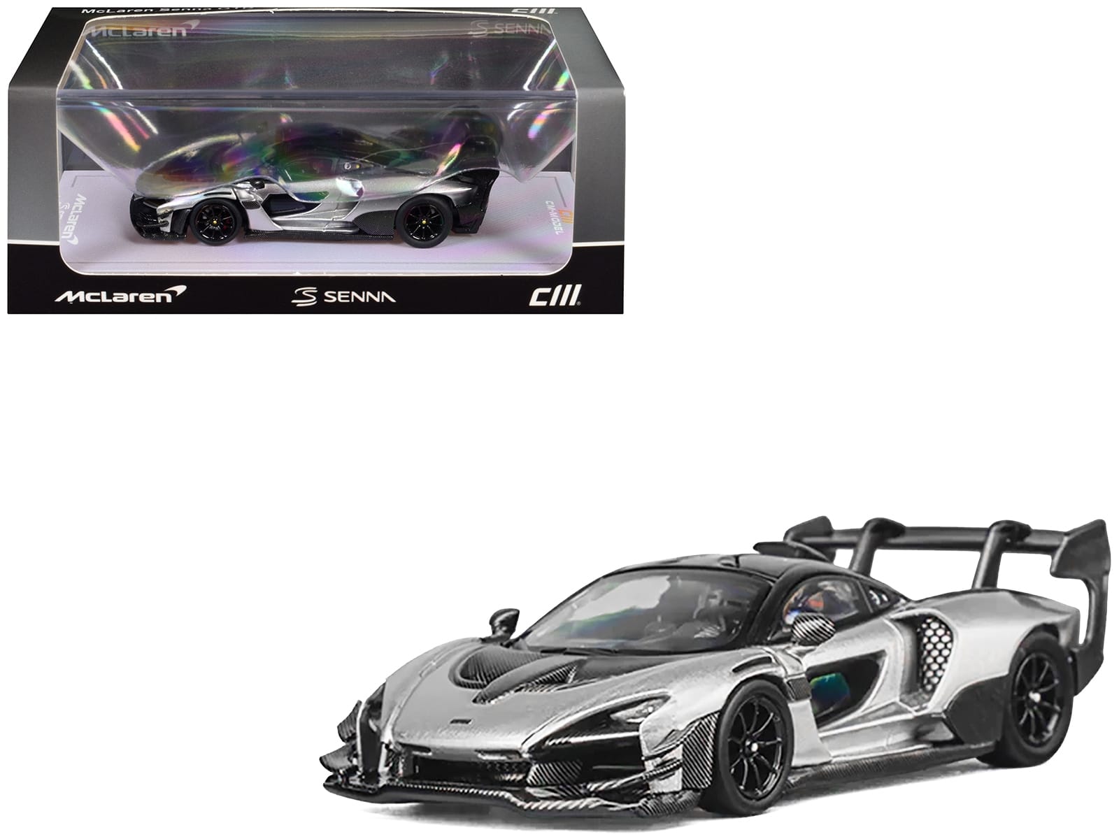 McLaren Senna GTR Silver Gray Metallic with Carbon Hood and Black Top 1/64 Diecast Model Car by CM Model