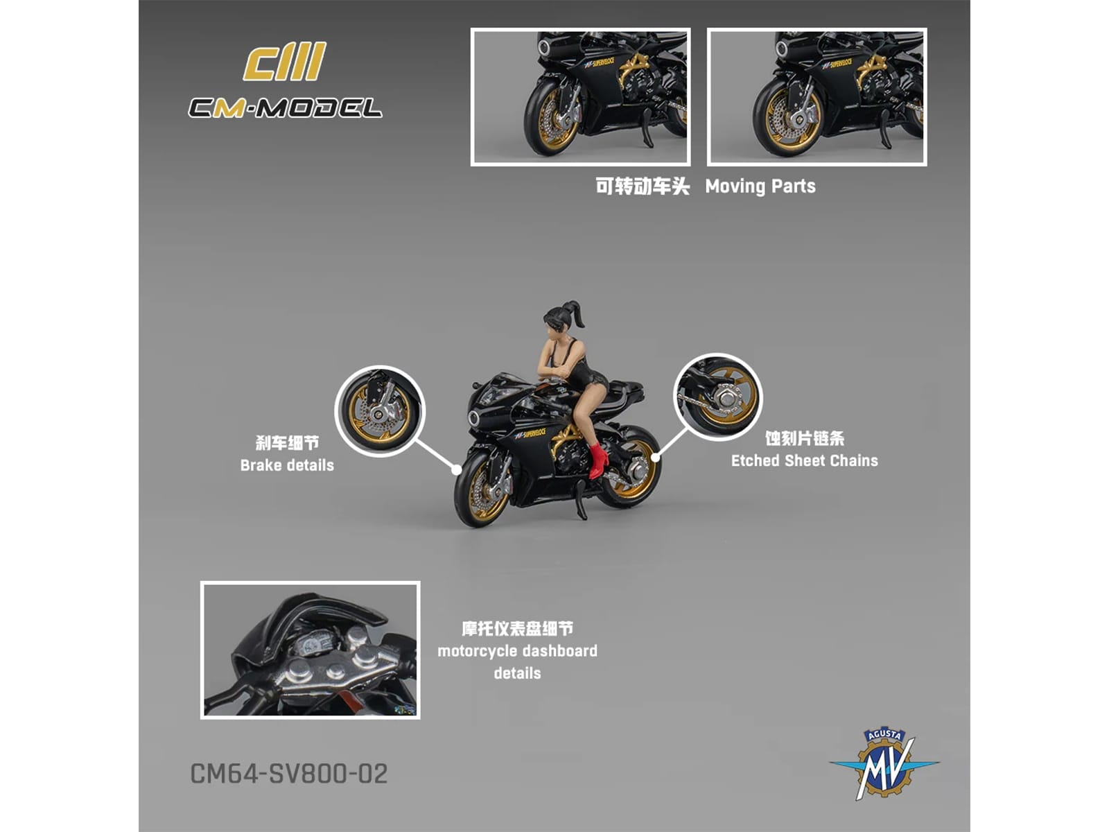 MV Agusta Superveloce 800 Motorcycle Black and Gold with Figure 1/64 Diecast Model by CM Model - Image 5