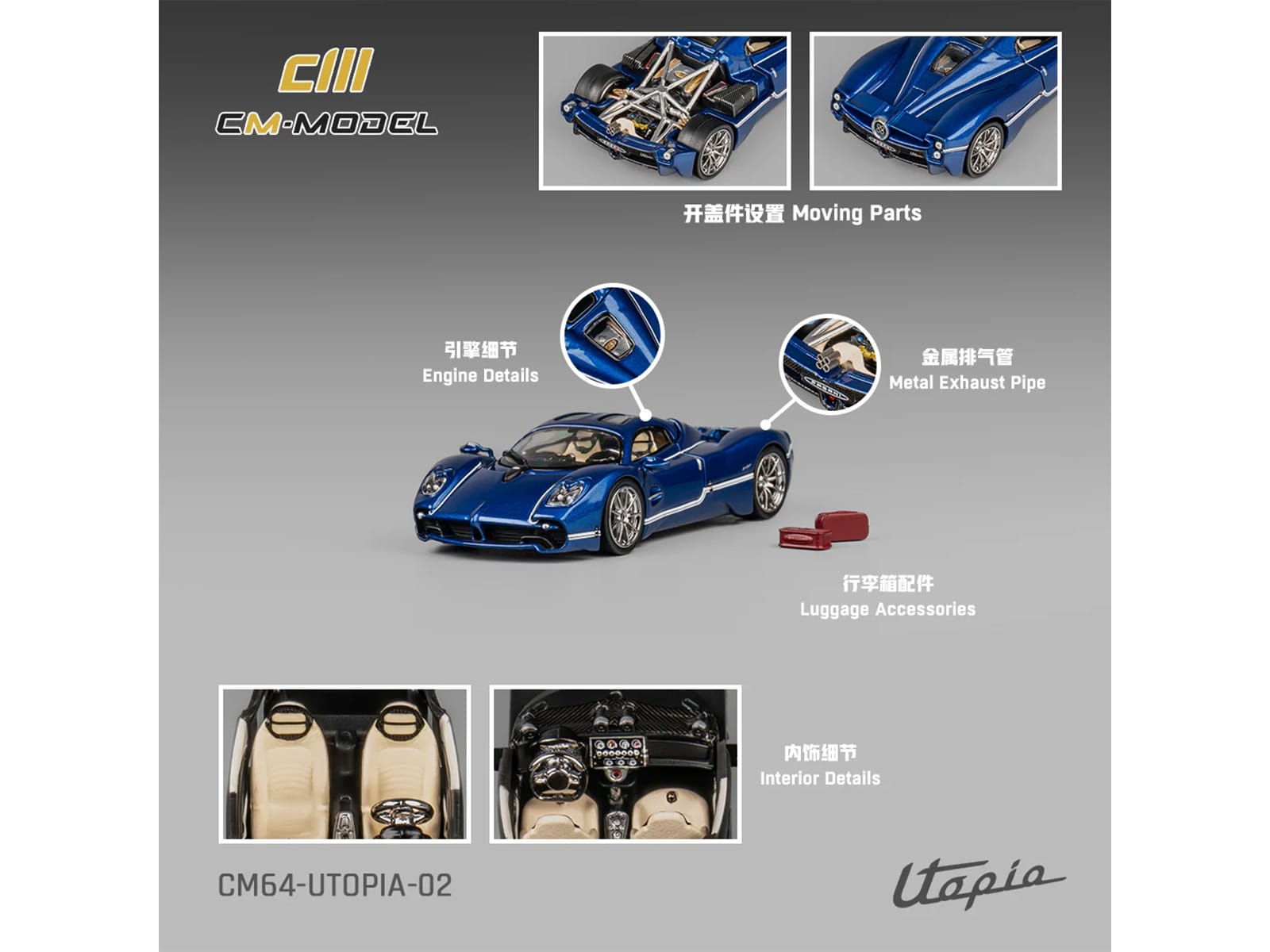 Pagani Utopia Blue Metallic with White Stripes 1/64 Diecast Model Car by CM Model - Image 4
