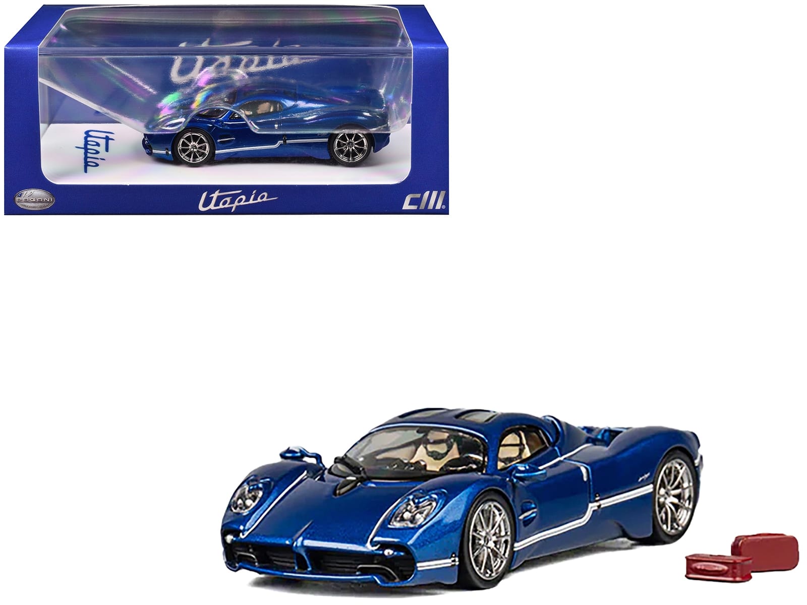 Pagani Utopia Blue Metallic with White Stripes 1/64 Diecast Model Car by CM Model - Image 5