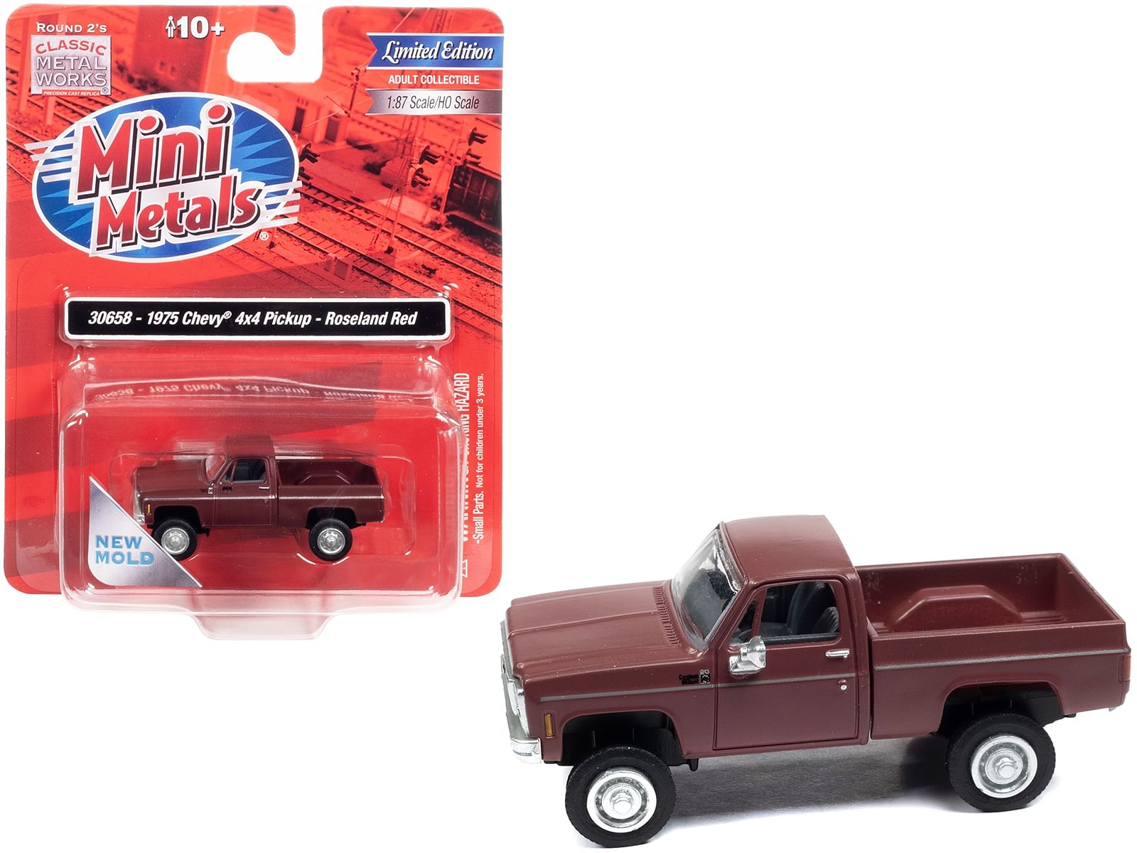 1975 Chevrolet 4×4 Pickup Truck Roseland Red 1/87 (HO) Scale Model Car by Classic Metal Works