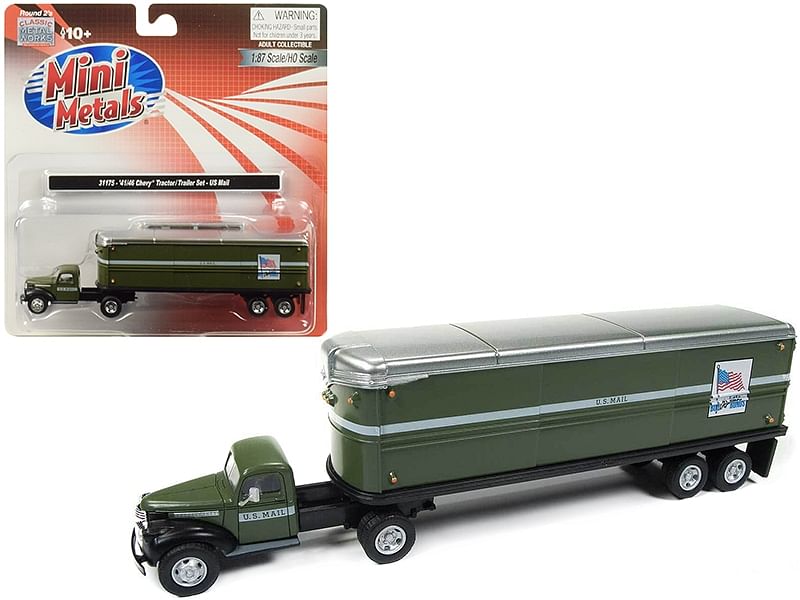 1941-1946 Chevrolet Tractor Trailer Truck “U.S. Mail” Army Green 1/87 (HO) Scale Model by Classic Metal Works