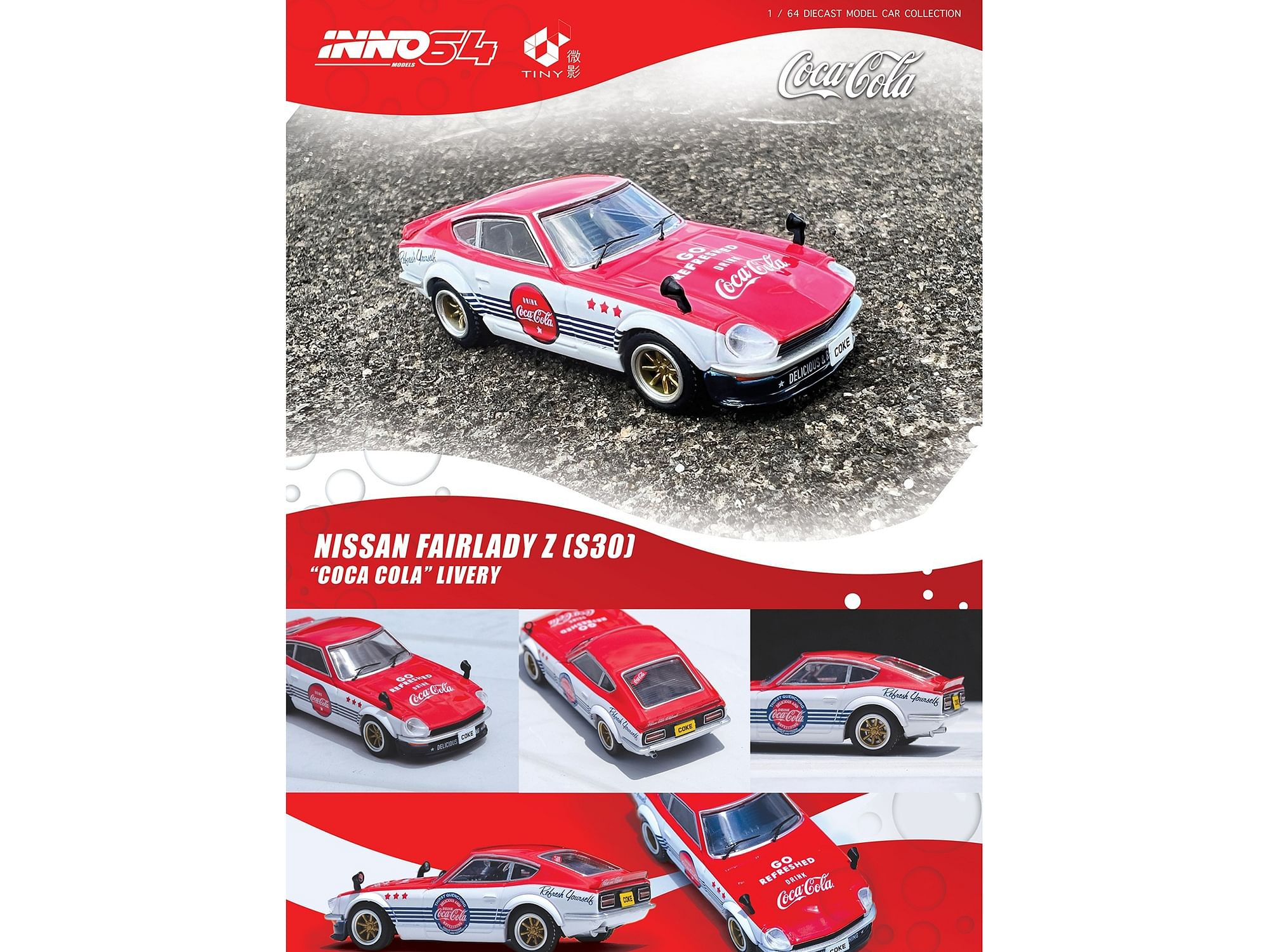 Nissan Fairlady Z (S30) RHD (Right Hand Drive) Red and White with Blue Stripes “Coca-Cola” 1/64 Diecast Model Car by Inno Models