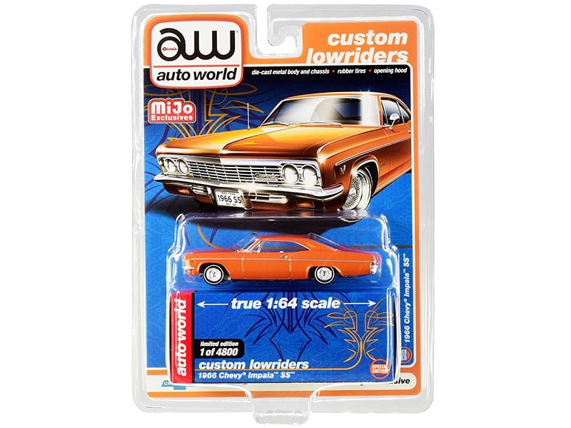 1966 Chevrolet Impala SS Orange Metallic with White Interior “Custom Lowriders” Limited Edition to 4800 pieces Worldwide 1/64 Diecast Model Car by Autoworld