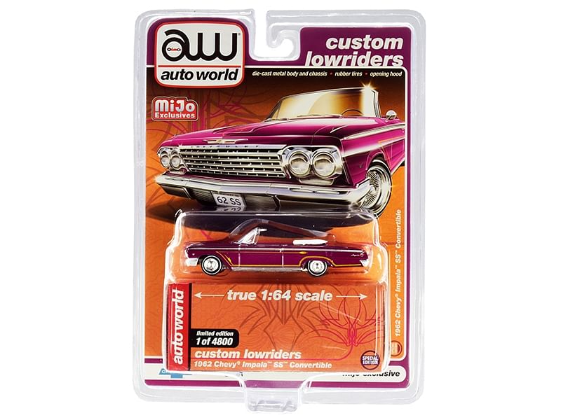 1962 Chevrolet Impala SS Convertible Plum Purple with Yellow Stripes “Custom Lowriders” Limited Edition to 4800 pieces Worldwide 1/64 Diecast Model Car by Autoworld