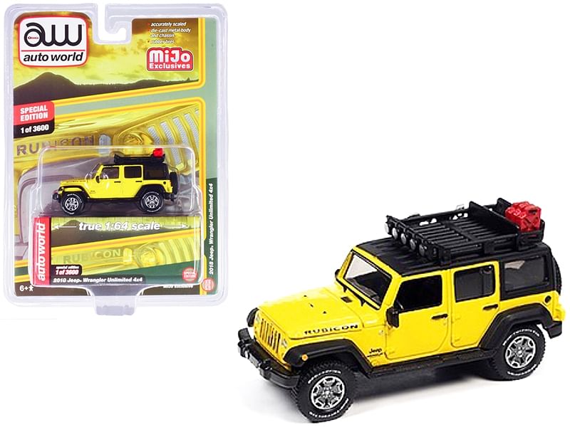 2018 Jeep Wrangler Rubicon Unlimited 4×4 Yellow and Black with Roof Rack Limited Edition to 3600 pieces Worldwide 1/64 Diecast Model Car by Autoworld