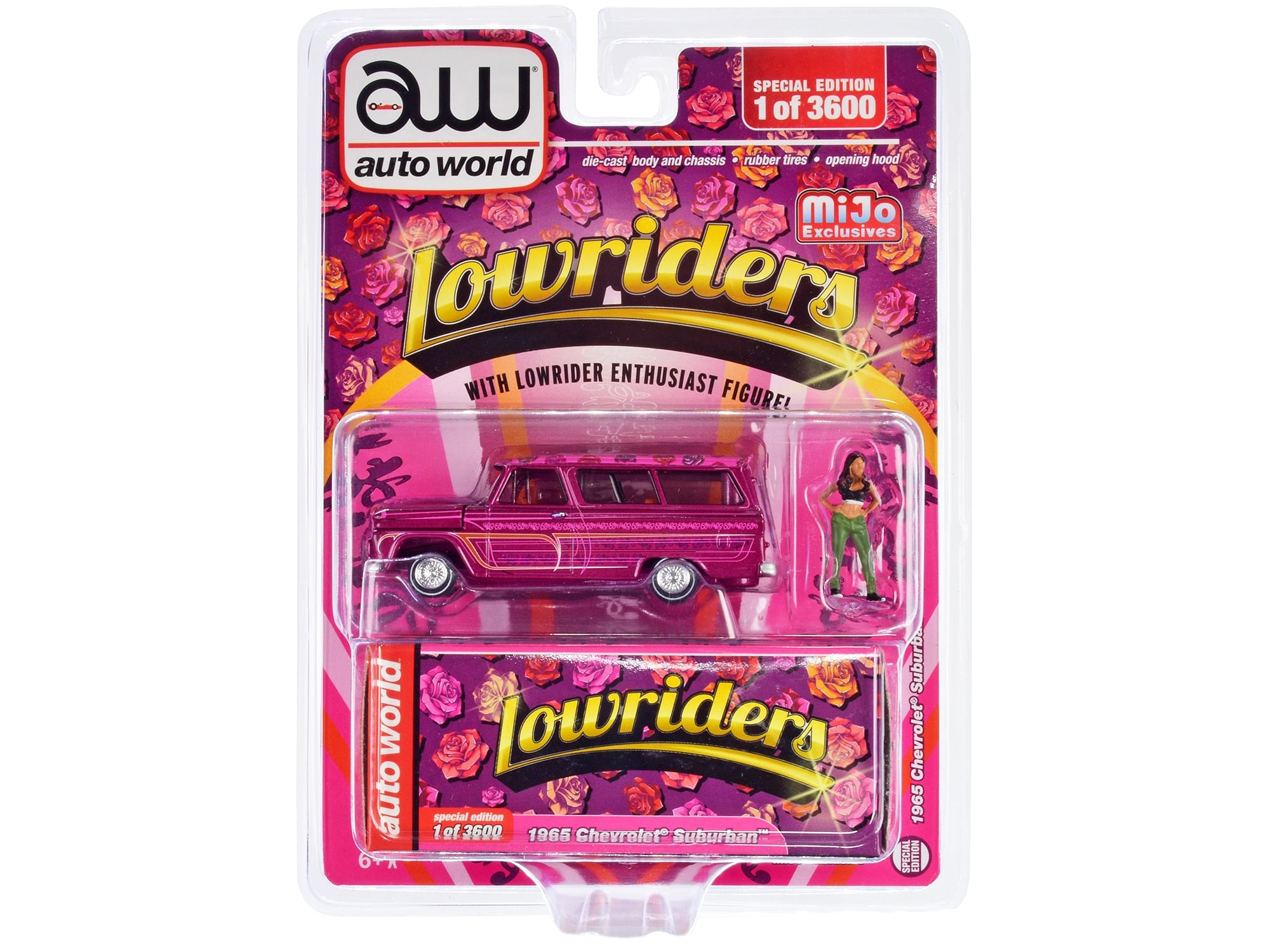 1965 Chevrolet Suburban Lowrider Magenta Metallic with Graphics and “American Diorama” Lowrider Enthusiast Diecast Figure “Lowriders” Limited Edition to 3600 pieces Worldwide 1/64 Diecast Model Car by Auto World