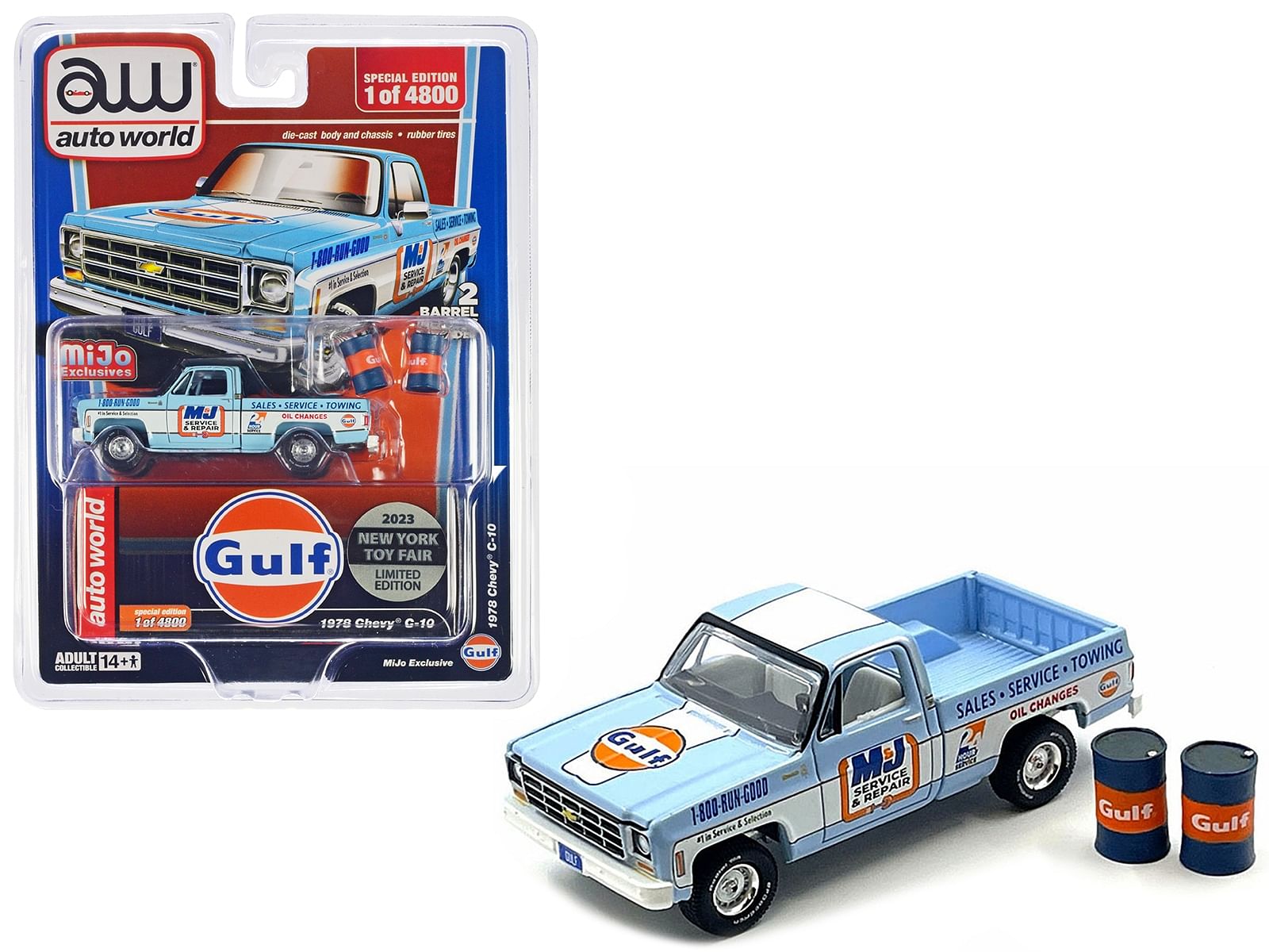 1978 Chevrolet C10 Pickup Truck Light Blue with White Stripes “Gulf Oil – M&J Service & Repair” with Barrel Accessories “2023 New York Toy Fair” Limited Edition to 4800 pieces Worldwide 1/64 Diecast Model Car by Auto World