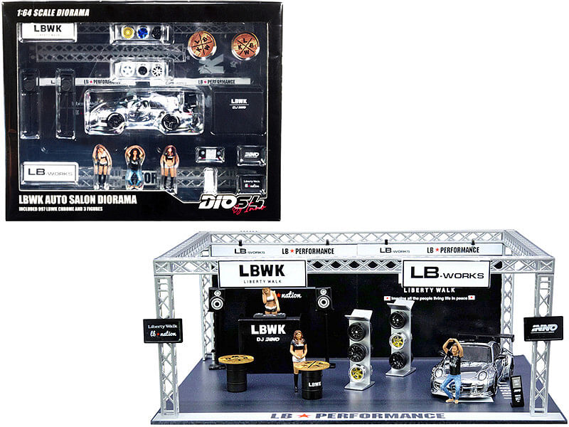 “LBWK Auto Salon” Diorama Set of 28 pieces (Car and Figurines Included) 1/64 Models by Inno Models