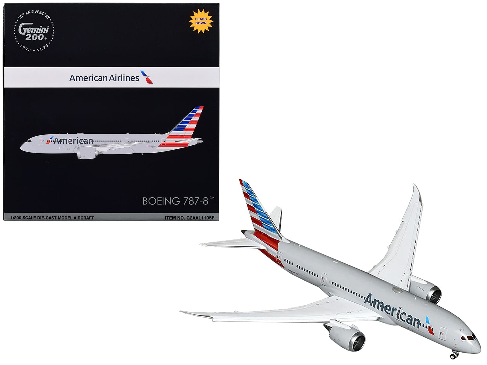 Boeing 787-8 Commercial Aircraft with Flaps Down “American Airlines” Gray with Tail Stripes “Gemini 200” Series 1/200 Diecast Model Airplane by GeminiJets