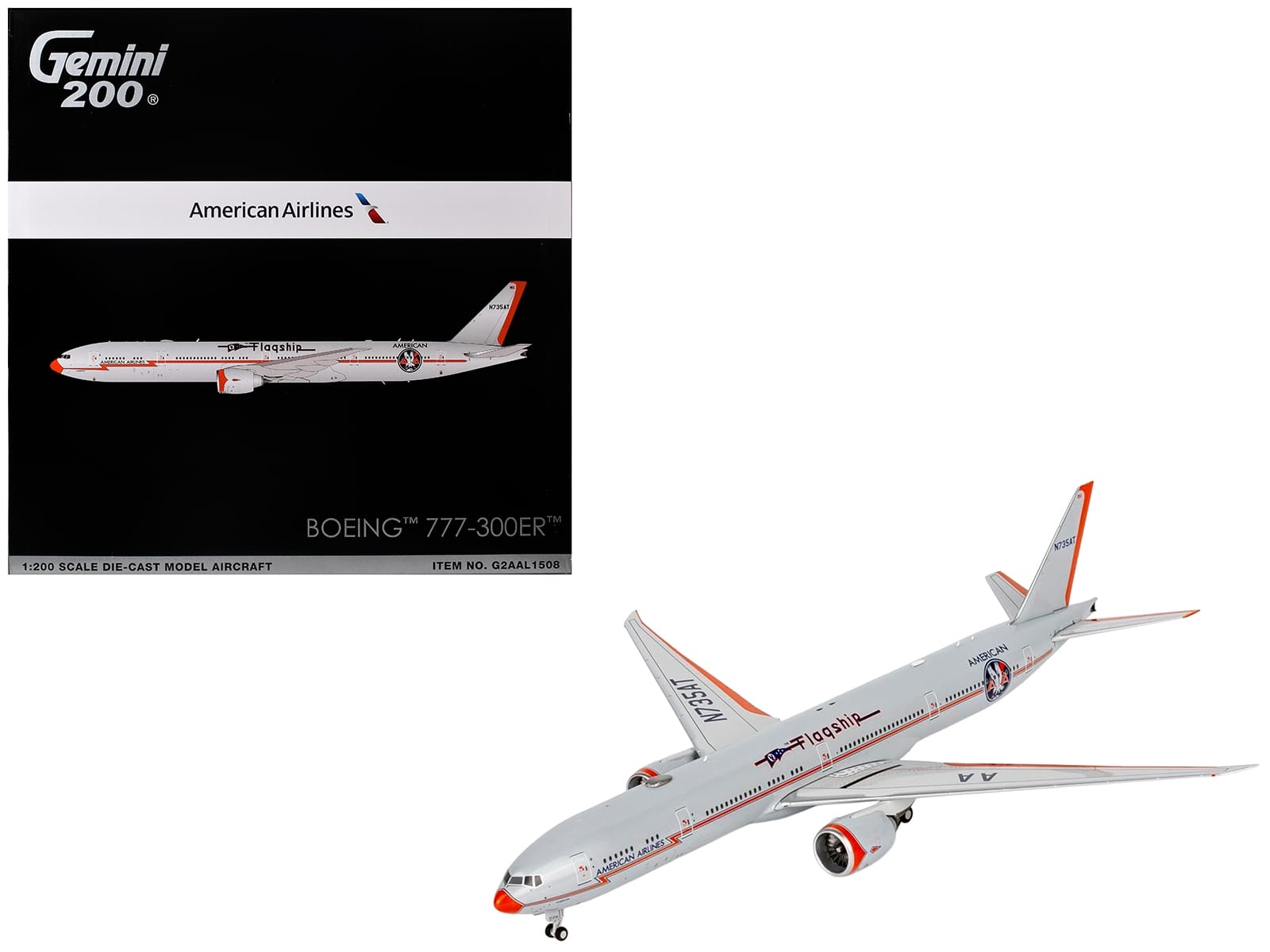 Boeing 777-300ER Commercial Aircraft "American Airlines - Flagship DFW" (N735AT) Silver with Otange Stripes "Gemini 200" Series 1/200 Diecast Model by GeminiJets
