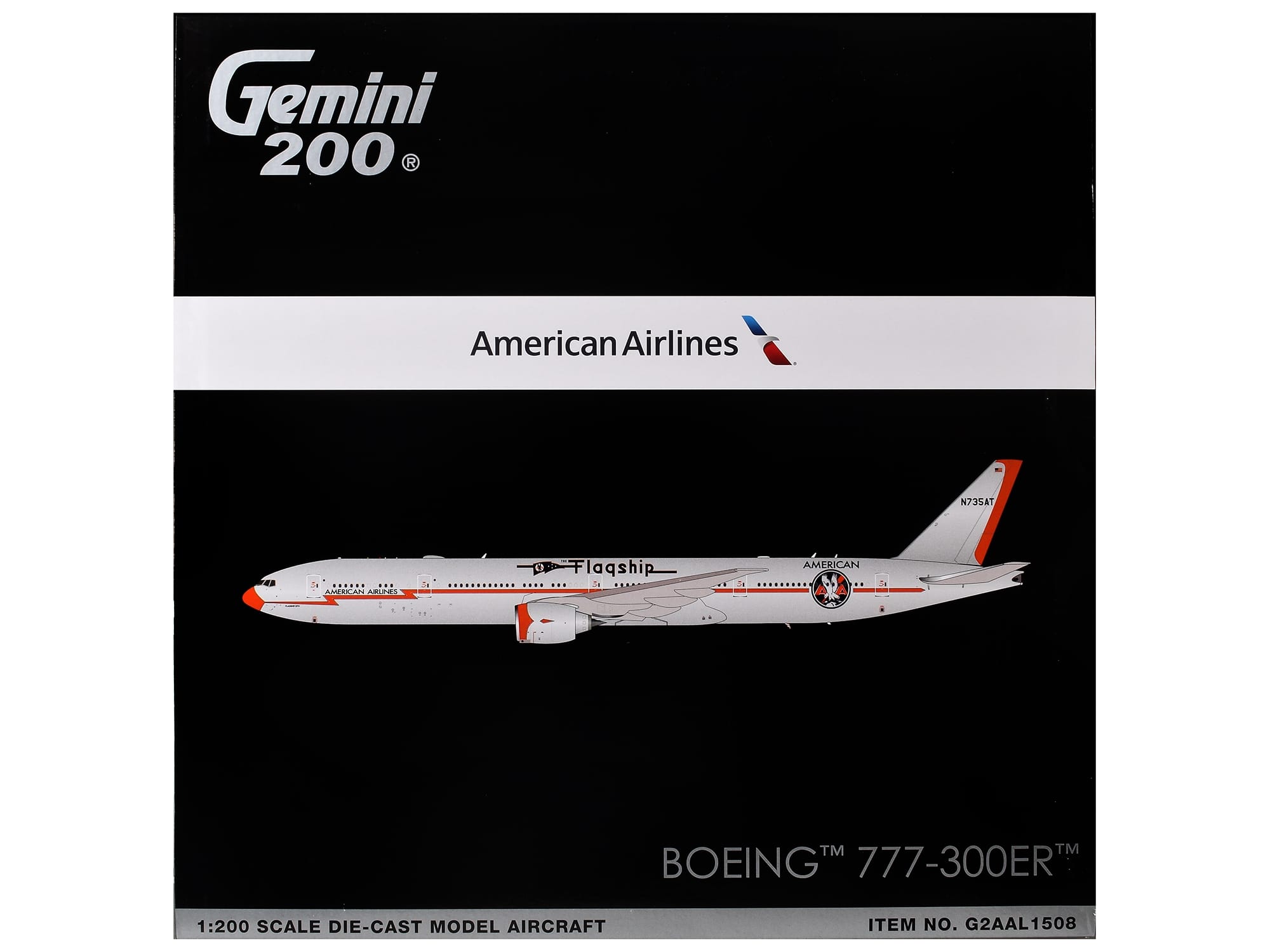 Boeing 777-300ER Commercial Aircraft "American Airlines - Flagship DFW" (N735AT) Silver with Otange Stripes "Gemini 200" Series 1/200 Diecast Model by GeminiJets - Image 3