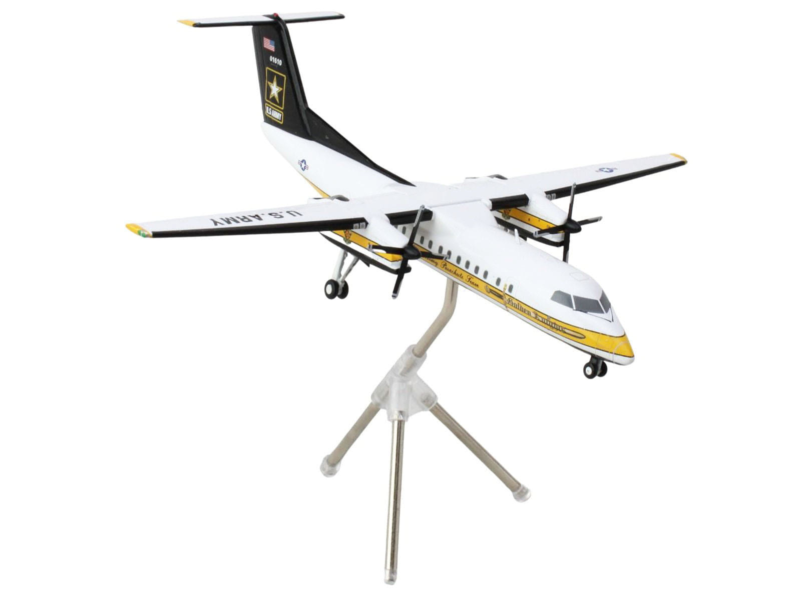 Bombardier C-147A Transport Aircraft "Golden Knights Parachute Team" United States Army (17-01610) White with Yellow Stripes and Black Tail "Gemini 200" Series 1/200 Diecast Model Airplane by GeminiJets - Image 2