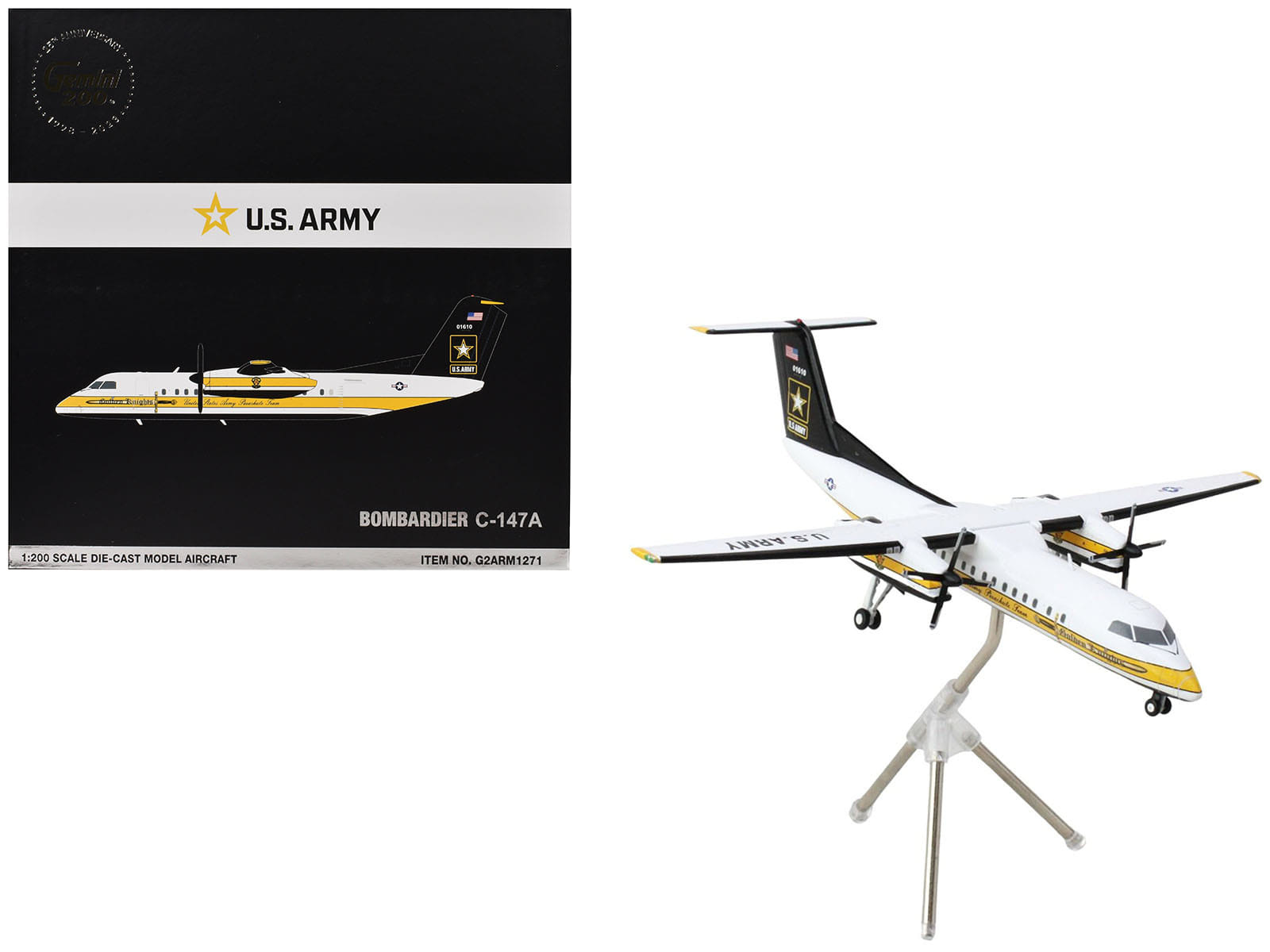 Bombardier C-147A Transport Aircraft "Golden Knights Parachute Team" United States Army (17-01610) White with Yellow Stripes and Black Tail "Gemini 200" Series 1/200 Diecast Model Airplane by GeminiJets - Image 3