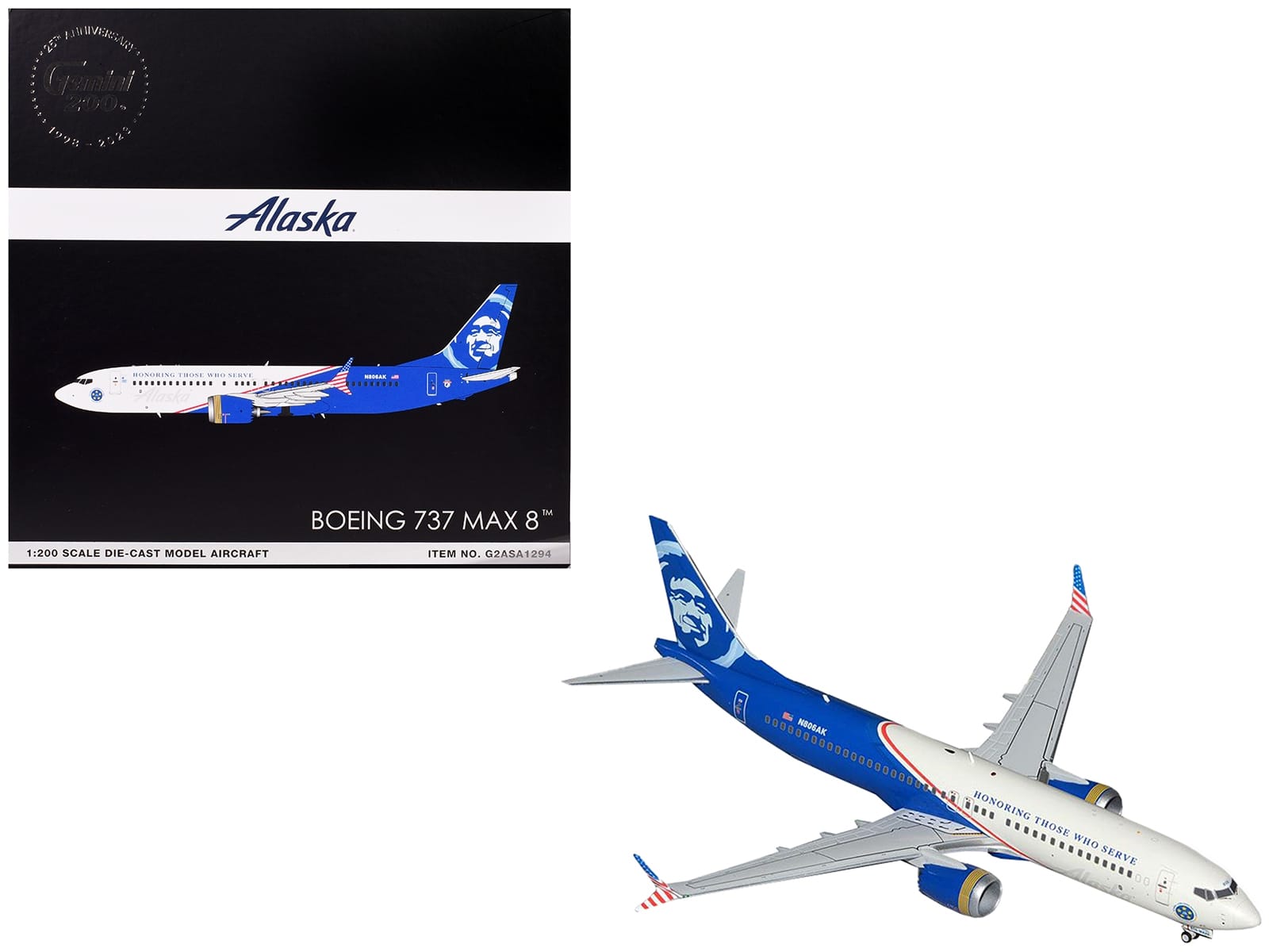 Boeing 737 MAX 8 Commercial Aircraft "Alaska Airlines - Honoring Those Who Serve" (N806AK) White and Blue "Gemini 200" Series 1/200 Diecast Model Airplane by GeminiJets - Image 2