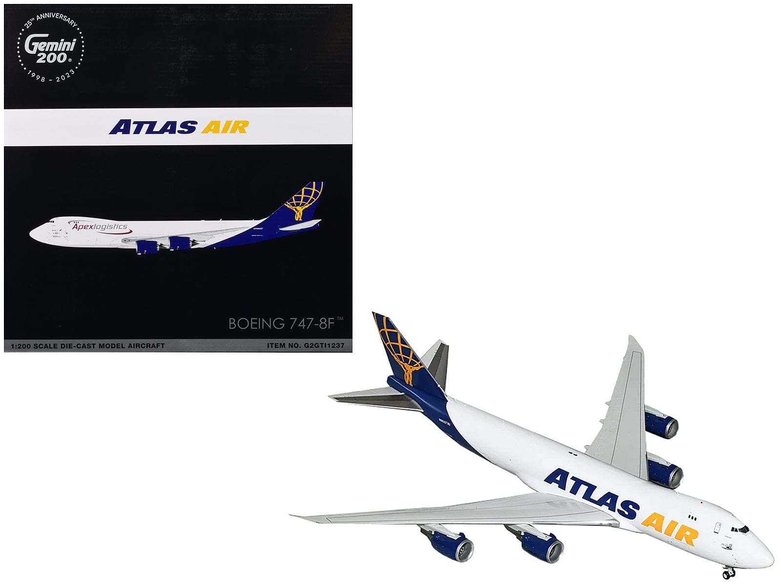 Boeing 747-8F Commercial Aircraft “Atlas Air – Apex Logistics” White with Blue Tail “Gemini 200” Series 1/200 Diecast Model Airplane by GeminiJets