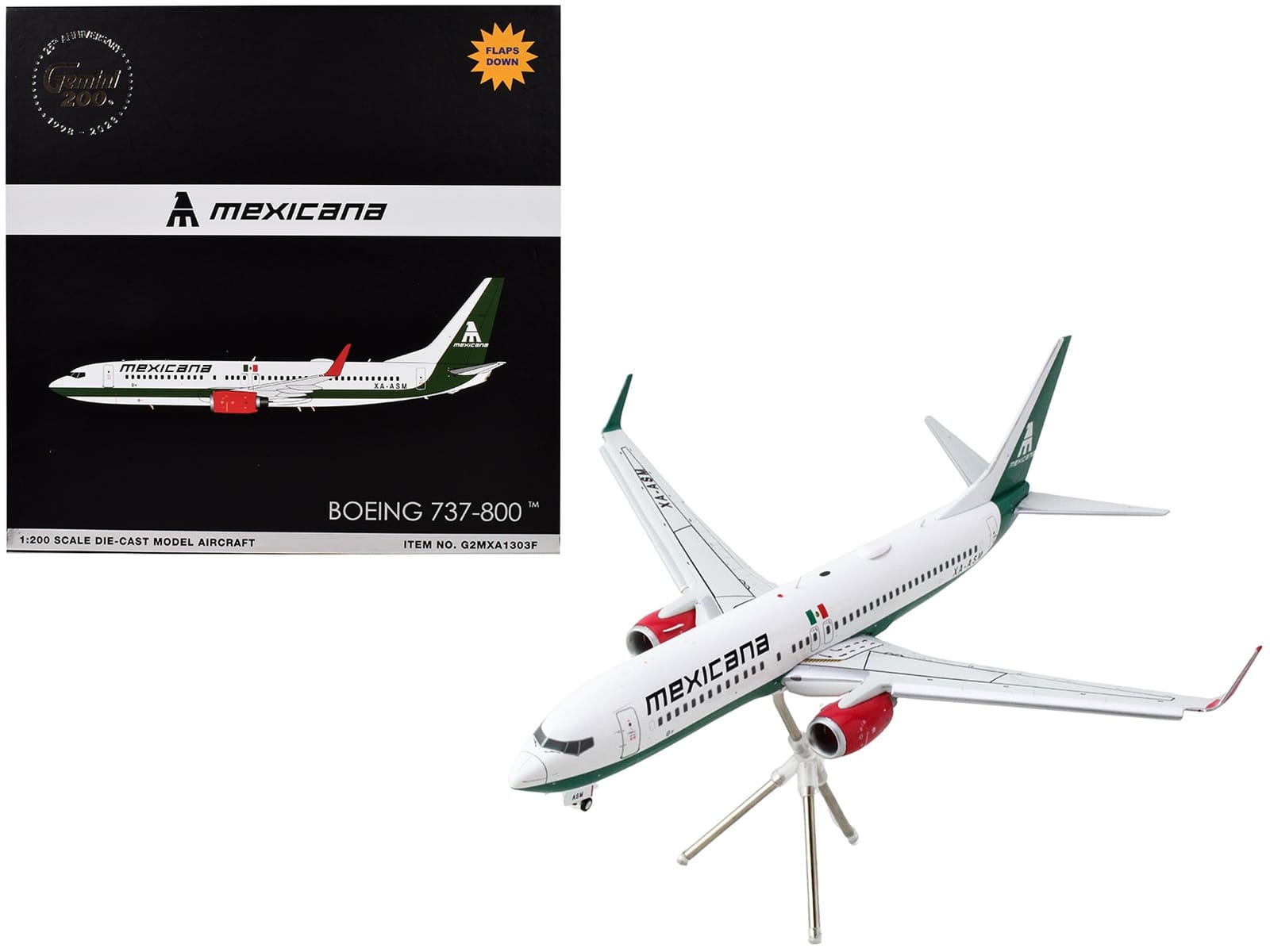 Boeing 737-800 Commercial Aircraft with Flaps Down "Mexicana" (XA-ASM) White with Green Stripes "Gemini 200" Series 1/200 Diecast Model Airplane by GeminiJets - Image 3
