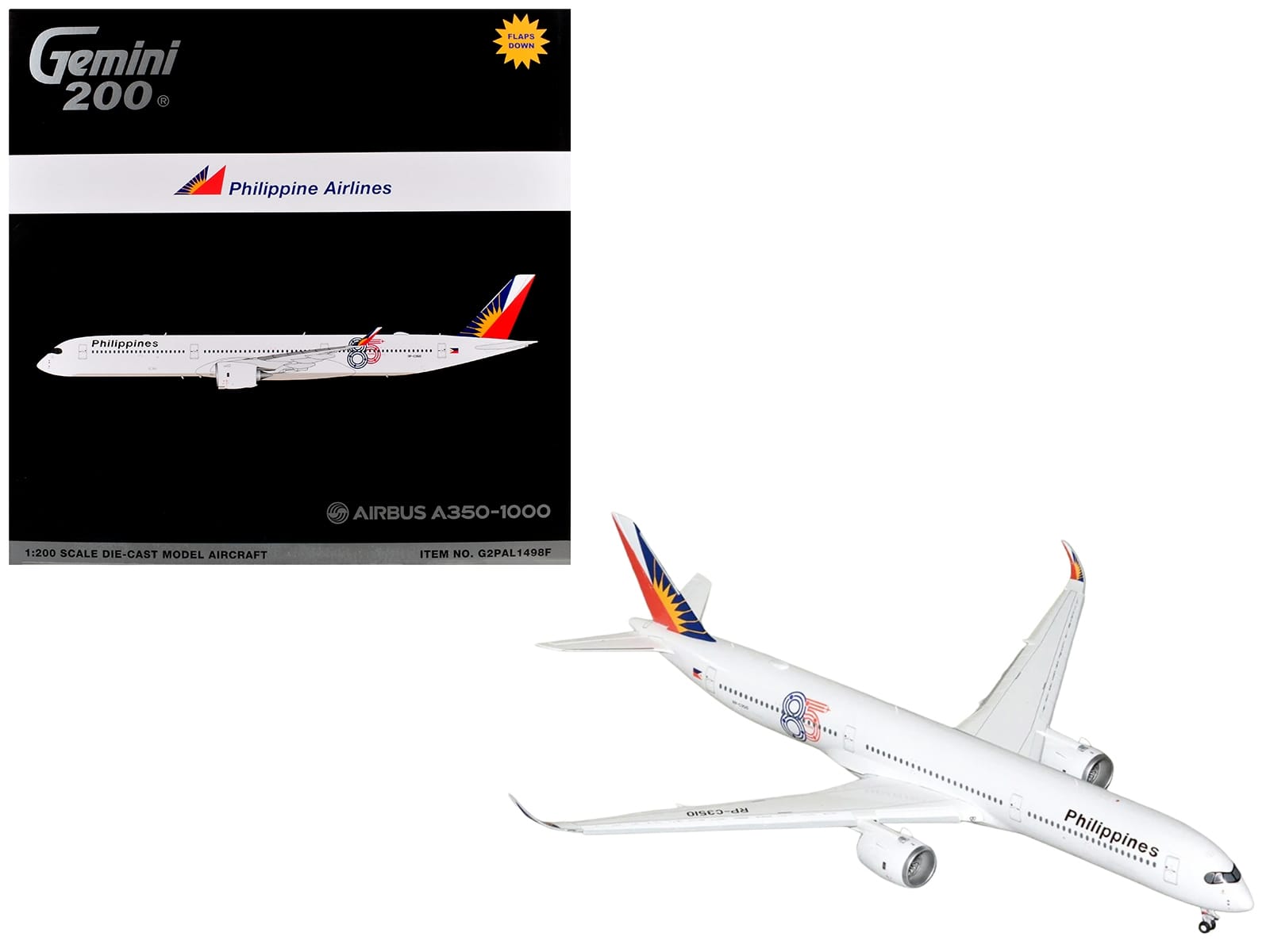 Airbus A350-1000 Commercial Aircraft with Flaps Down "Philippine Airlines" (RP-C3510) White with Tail Graphics "Gemini 200" 1/200 Diecast Model Airplane by GeminiJets