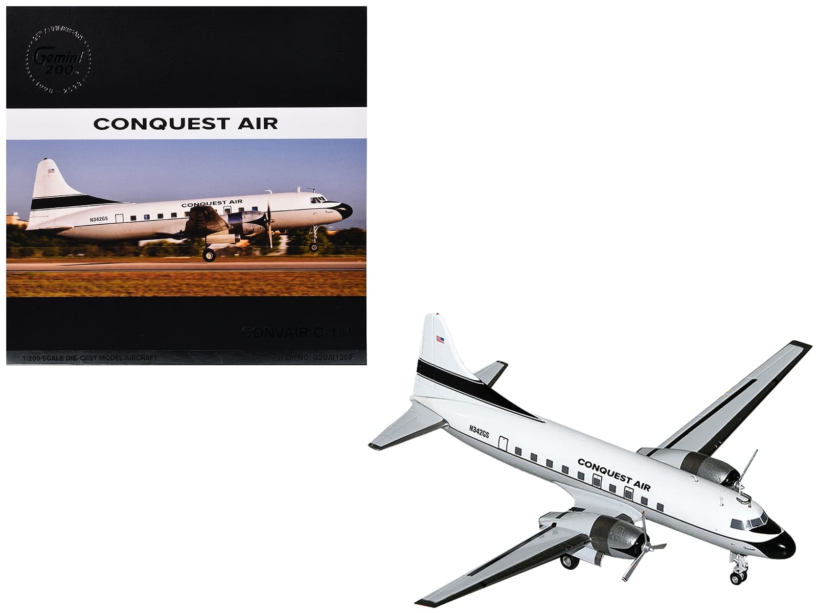 Convair C-131 Commercial Aircraft "Conquest Air Cargo" (N342GS) White with Black Tail Stripes "Gemini 200" Series 1/200 Diecast Model Airplane by GeminiJets - Image 2