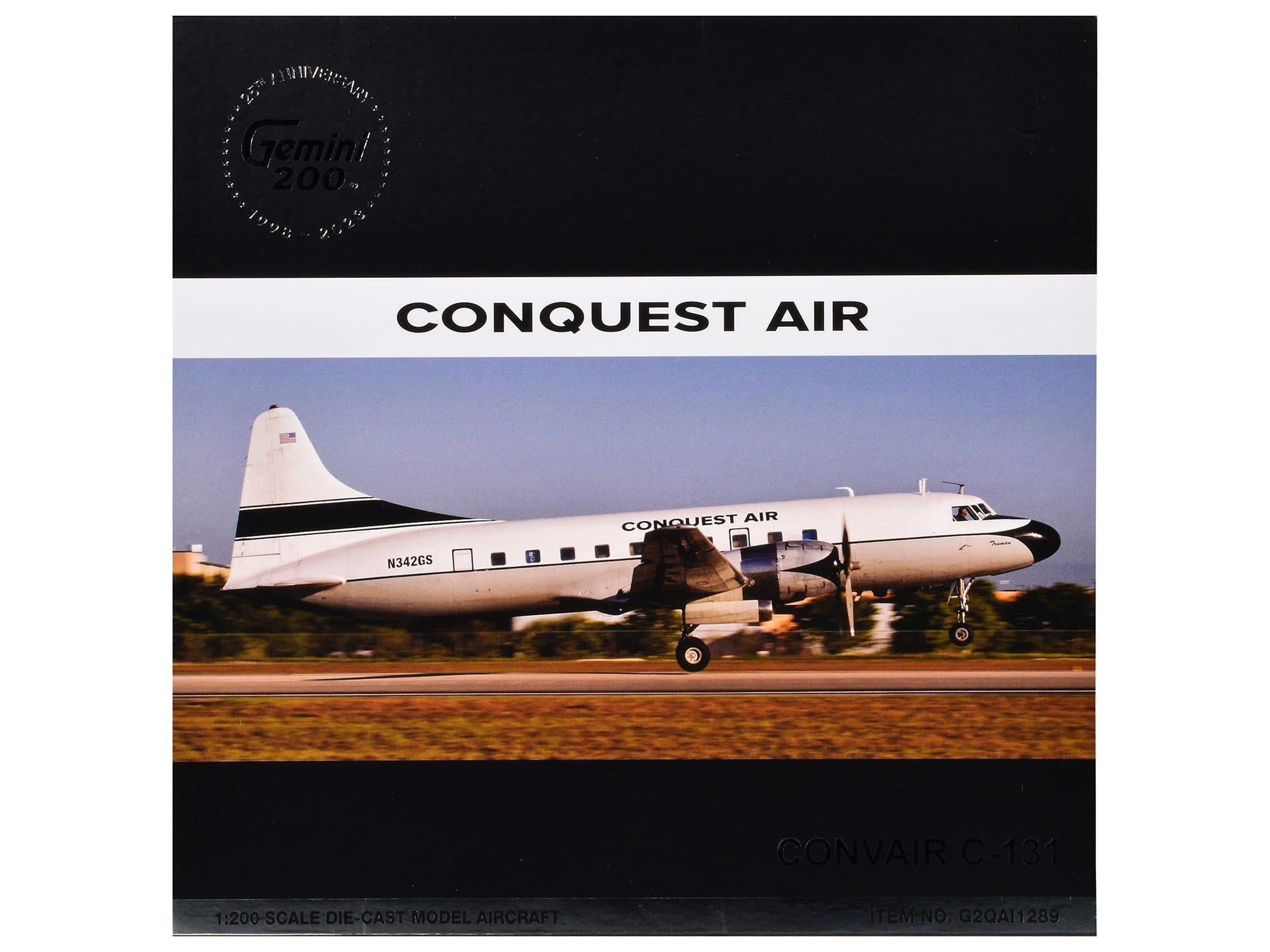 Convair C-131 Commercial Aircraft "Conquest Air Cargo" (N342GS) White with Black Tail Stripes "Gemini 200" Series 1/200 Diecast Model Airplane by GeminiJets - Image 3