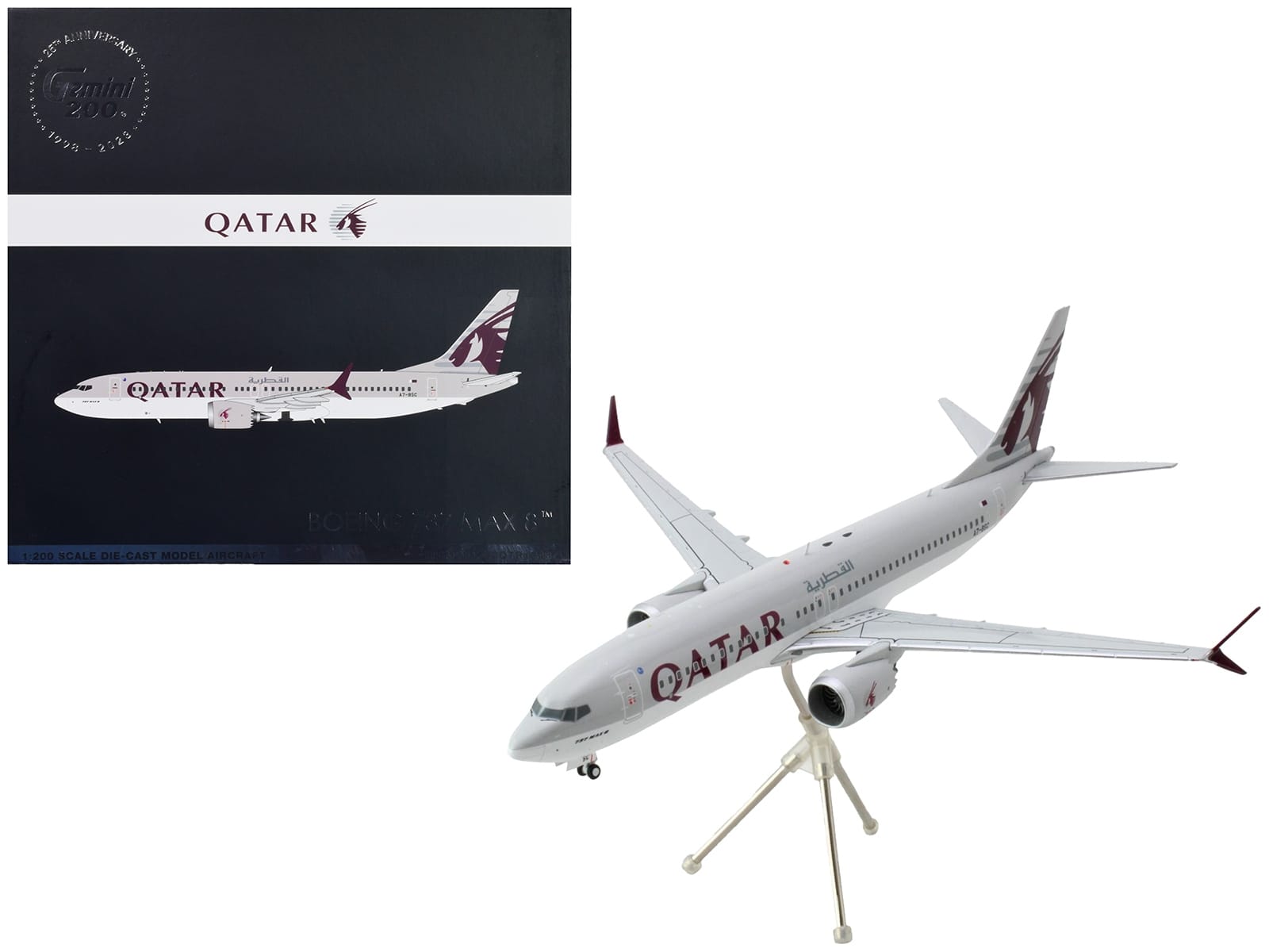 Boeing 737 MAX 8 Commercial Aircraft "Qatar Airways" Gray and White with Tail Graphics "Gemini 200" Series 1/200 Diecast Model Airplane by GeminiJets - Image 2