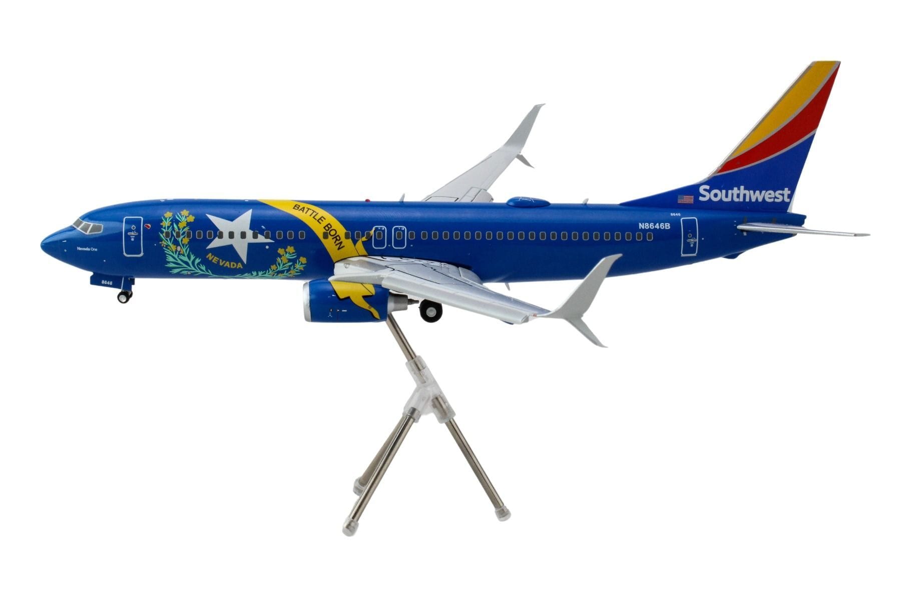 Boeing 737-800 Commercial Aircraft with Flaps Down "Southwest Airlines - Nevada One" (N8646B) Blue with Tail Stripes "Gemini 200" Series 1/200 Diecast Model Airplane by GeminiJets - Image 2
