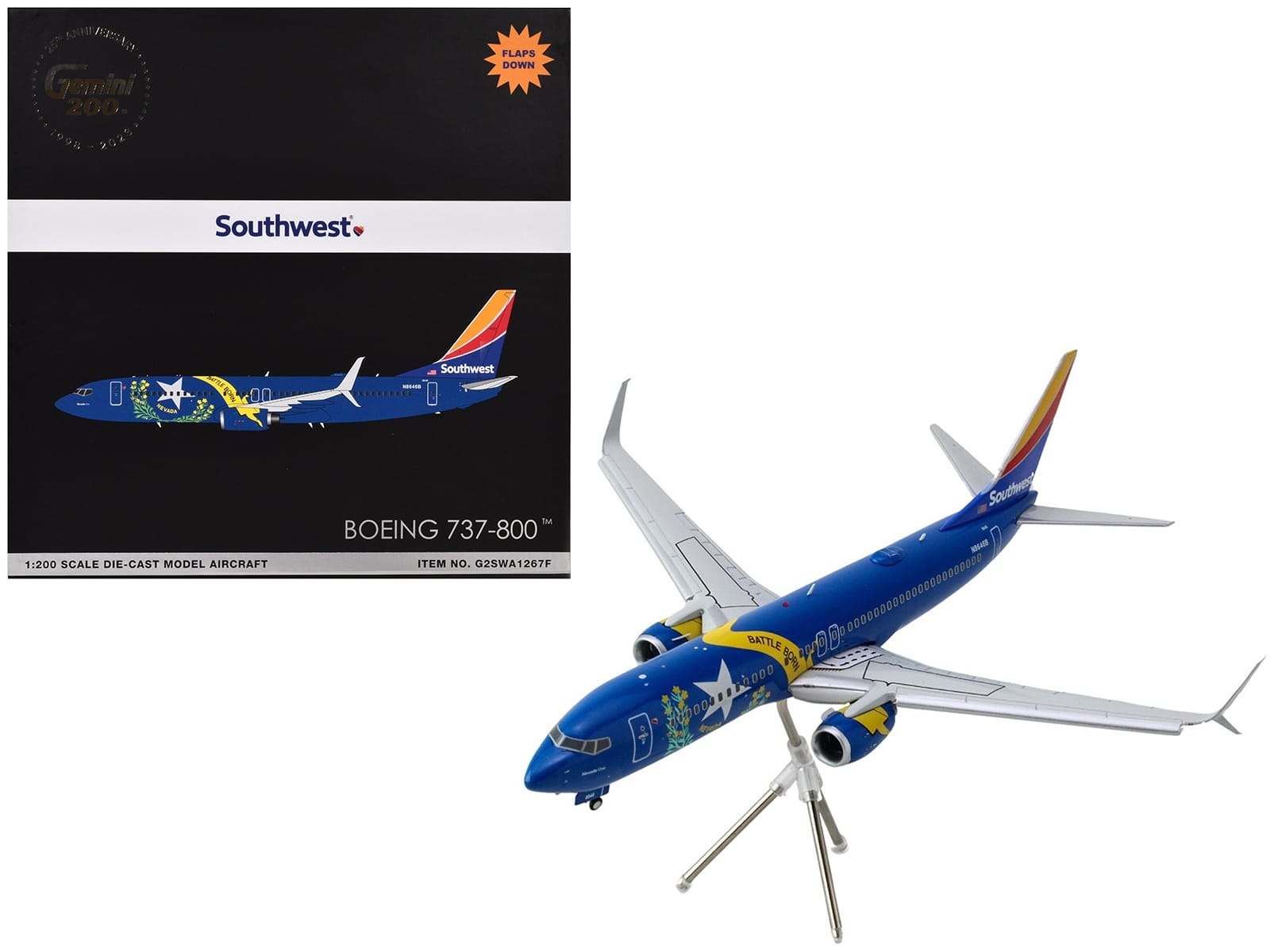 Boeing 737-800 Commercial Aircraft with Flaps Down "Southwest Airlines - Nevada One" (N8646B) Blue with Tail Stripes "Gemini 200" Series 1/200 Diecast Model Airplane by GeminiJets - Image 3