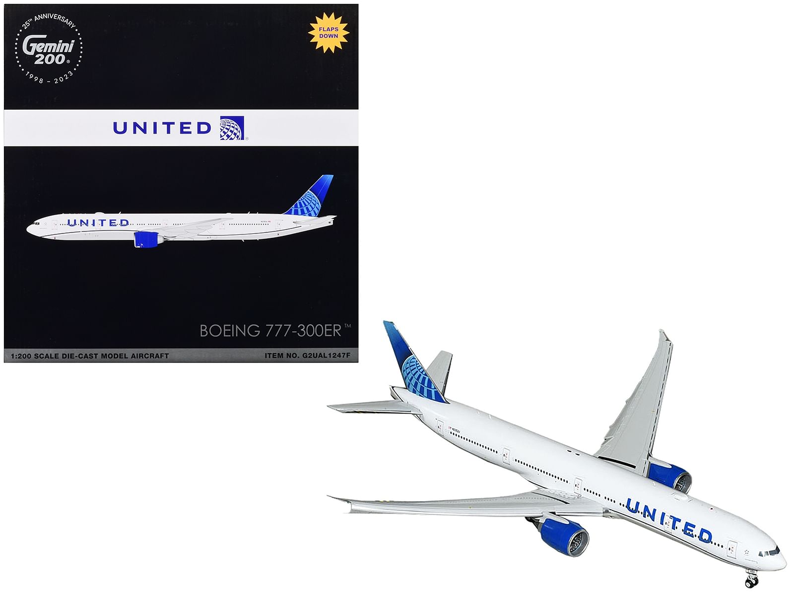 Boeing 777-300ER Commercial Aircraft with Flaps Down “United Airlines” White with Blue Tail “Gemini 200” Series 1/200 Diecast Model Airplane by GeminiJets